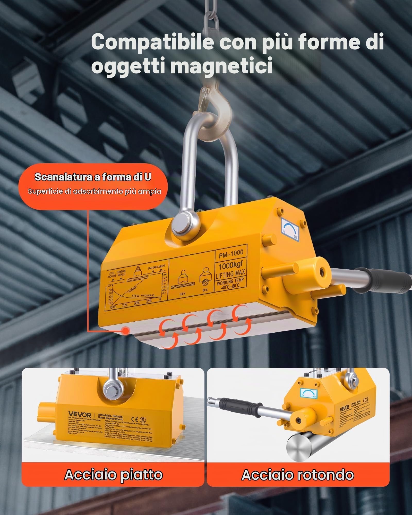 VEVOR Magnete Sollevamento Permanente, Capacità di Trazione 1000 kg, Supporto Magnetico al Neodimio N42, con Maniglia di Rilascio Gancio in Acciaio, Strumento per Movimentazione di Parti in Lamiera