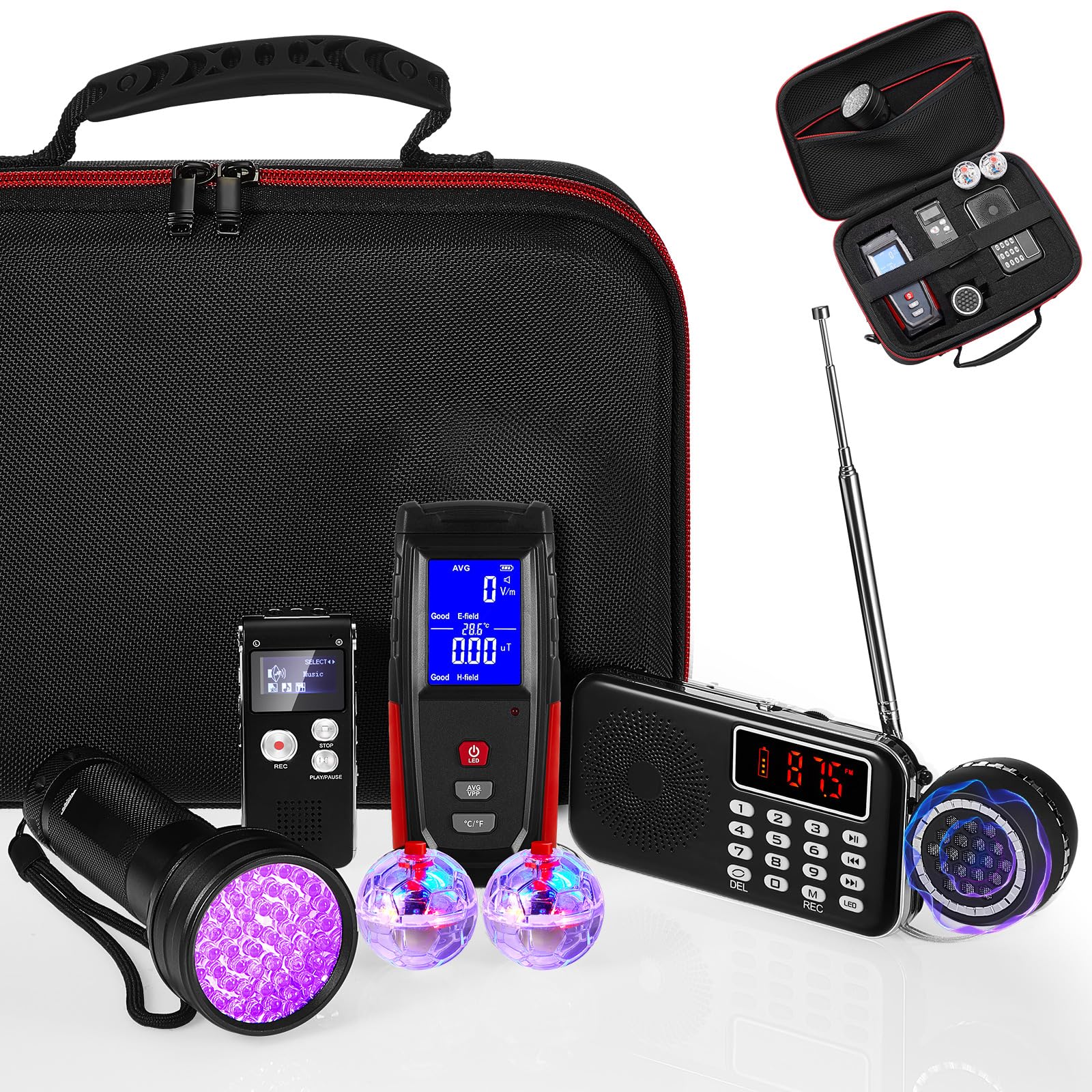 Dunzy 8 Pcs Ghost Hunting Equipment Kit, Include 1 Emf Meter 1 EVP Voice Recorders 1 Spirit Ghost Hunting Research Case 1 Flashlight 1 Speaker 2