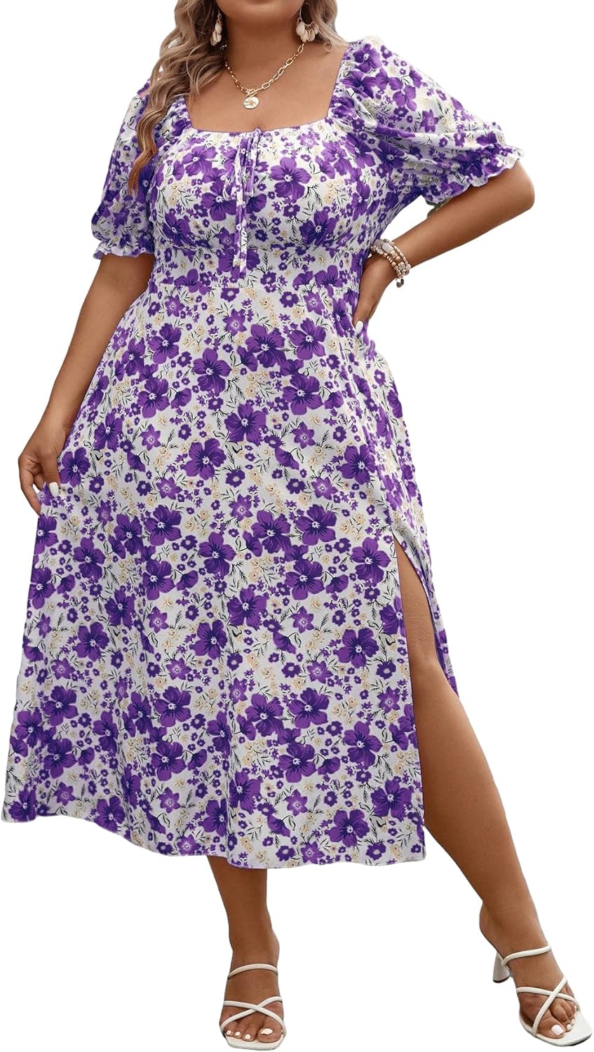 Floerns Women's Plus Size Floral Print Tie Front Square Neck Slit Hem Midi Dress