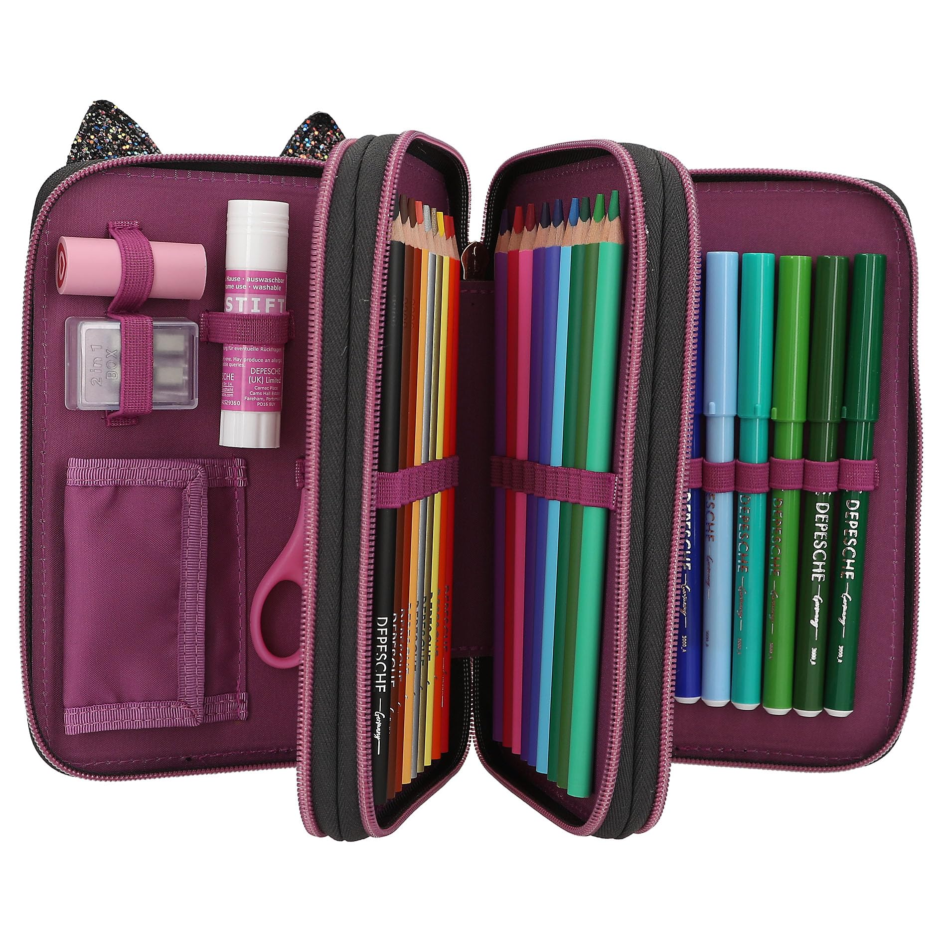 Depesche 13020 TOPModel Rebel Kitty Trousse à Crayons remplie à 3 Compartiments avec Fourrure léopard en Violet et Oreilles de Chat, Trousse avec Crayons de Couleur, règle, Ciseaux, etc.