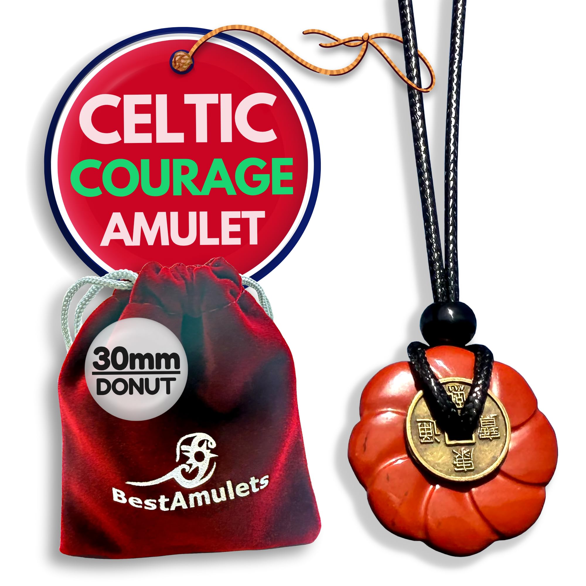Double Lucky Celtic Lotus Donut and Feng Shui Coin Amulet Necklace