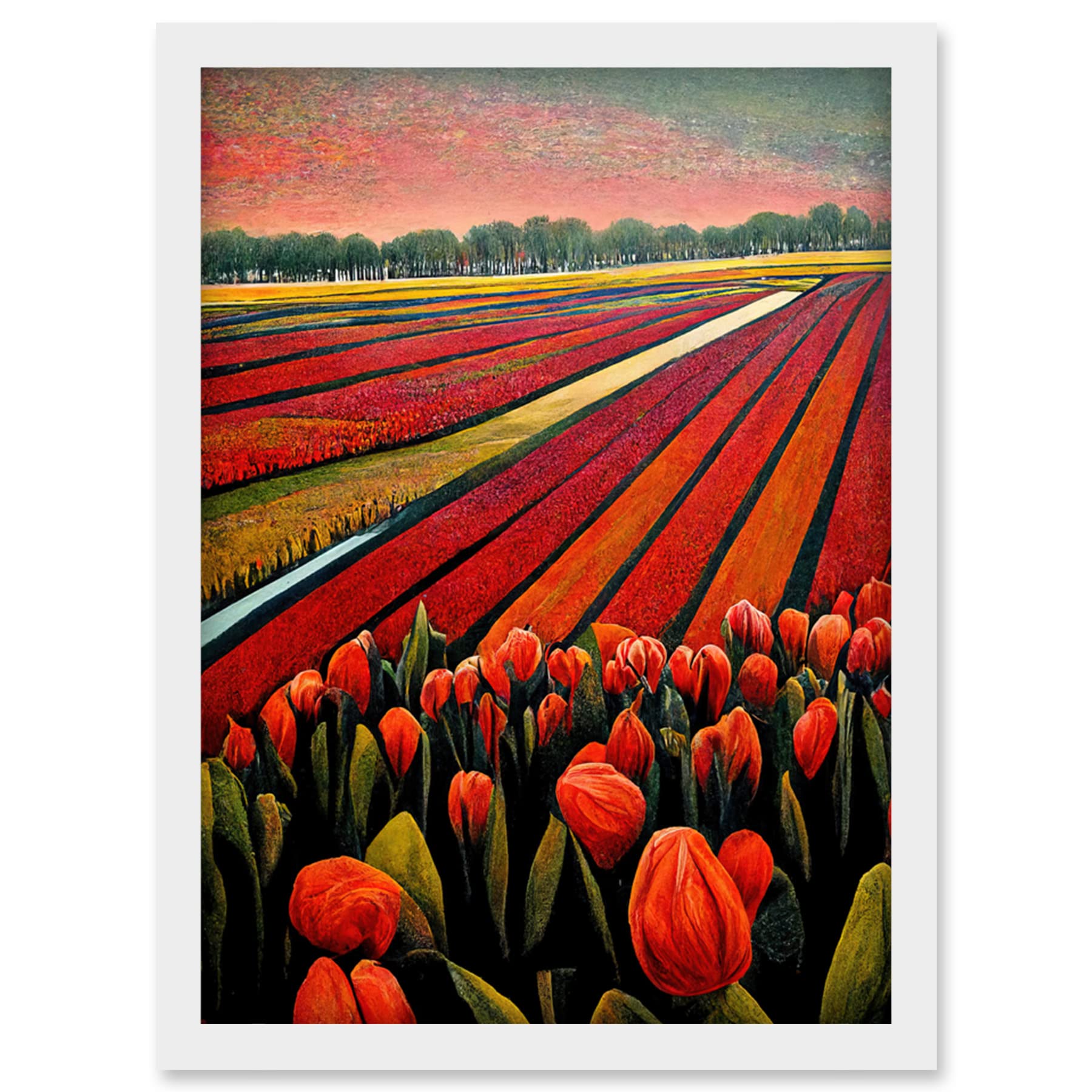 Doppelganger33 LTD Red Tulip Fields Of Holland Netherlands Modern Oil Artwork Framed Wall Art Print A4