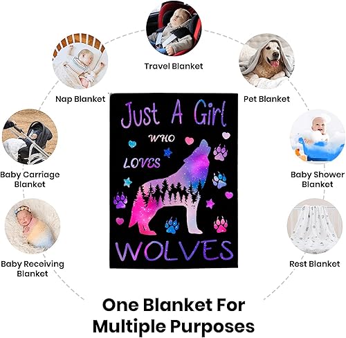 Miniatura 7 de Manta divertida de forro polar con texto en inglés "Just A Girl Who Loves Wolves", suave y acogedora para regalo, decoración de pícnic para niños y