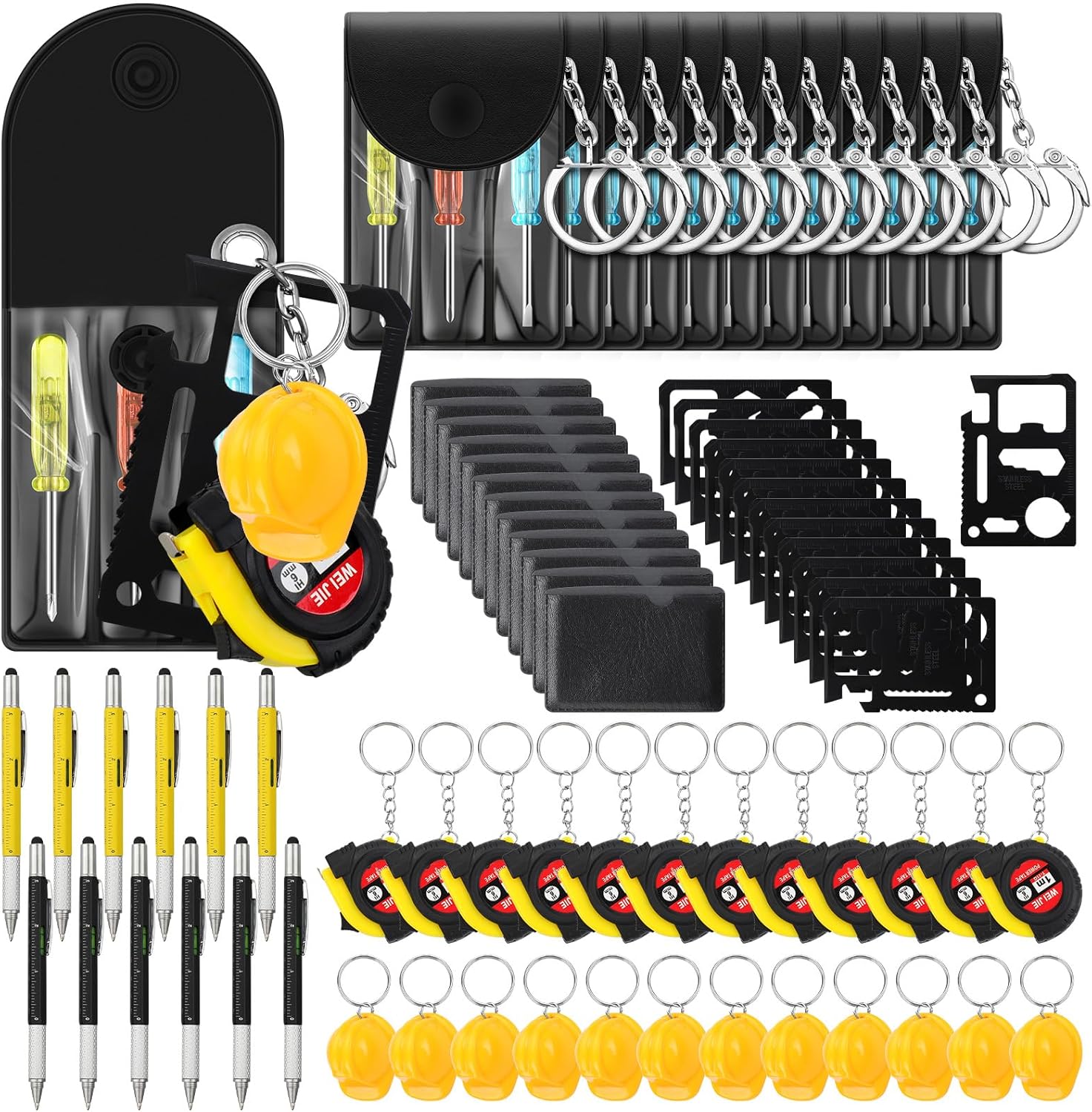60 Pcs Mini Tape Measure Screwdriver Helmet Set Multitool Pen Credit Card Valentine's Day Gift Bulk for Men Adult (Black,Yellow)
