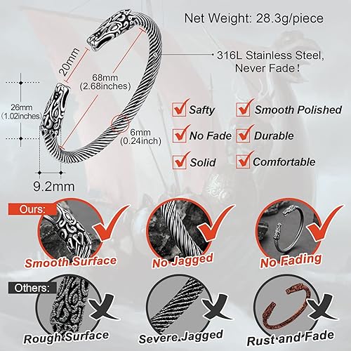 Vista 4 de FaithHeart Brazalete vikingo para hombres y mujeres, brazalete de acero inoxidable con diseño de alambre punk cuervolobodragón