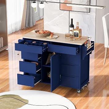 Olela Kitchen Island Cart on Wheels,Rolling Mobile Kitchen Table with Storage Cabinets and Towel Rack, Adjustable Shelves and Rubber Wood Countertop Blue-Handleless Cabinets