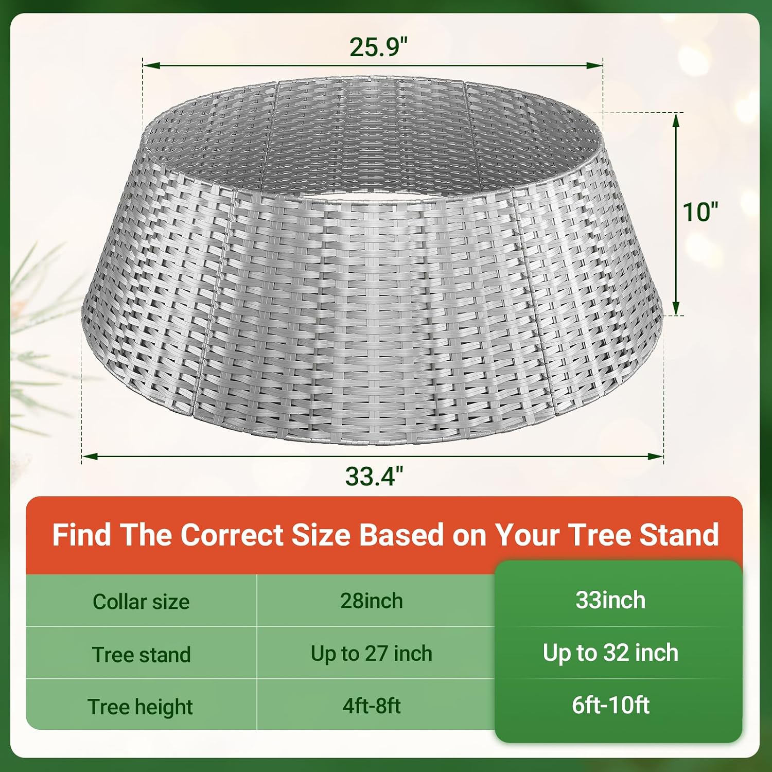 ELYKEN Silver Christmas Tree Collar, 33 Inch Woven Xmas Tree Skirt Cord Cut-Out - Protects Tree Base from Pets, Stylish Holiday Tree Skirt Alternative, Round Tree Ring for Christmas Tree Decor