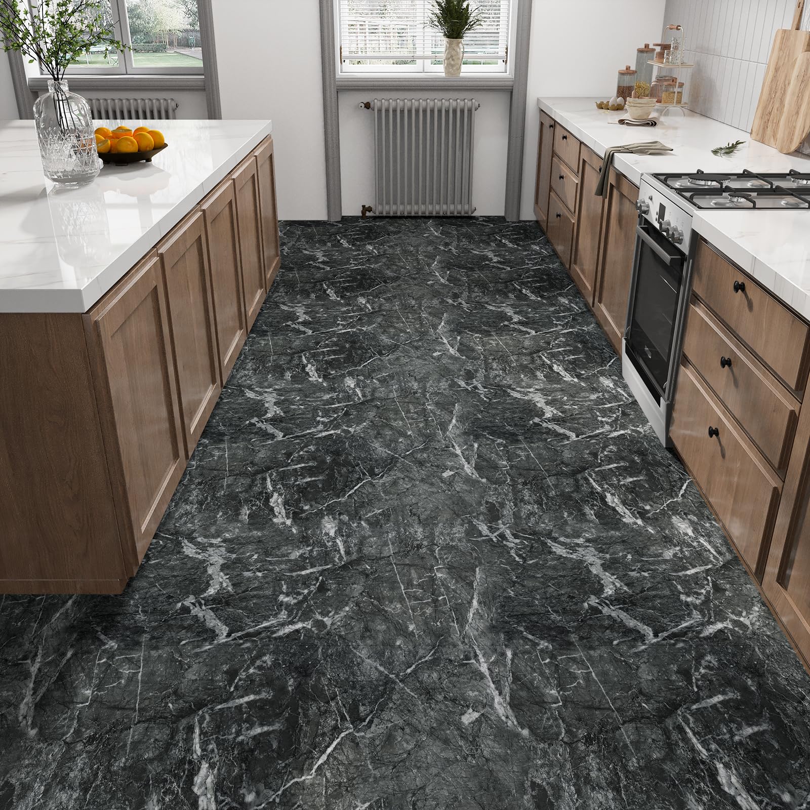 VaryStyle Azulejos de 18 hojas de mármol de pizarra gris oscuro para baño, dormitorio, sótano, impermeable, grueso, extraíble, suelo temporal de 12 x 12 pulgadas