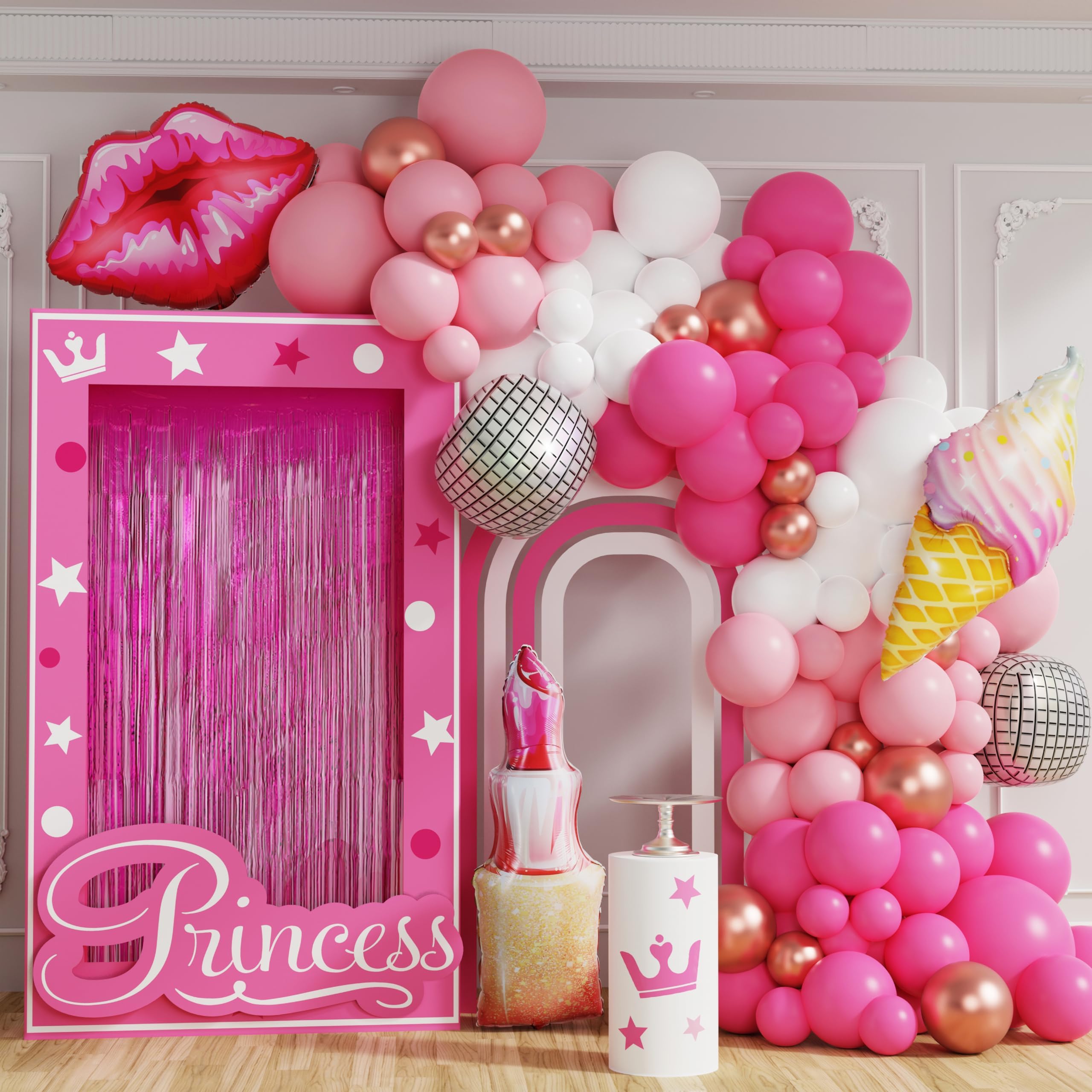 Pink Balloon Garland Arch Kit - Hot Pink, Magenta, Rose Gold, Chrome Balloons with Heart Lip Silver Disco Balls for Girls Birthday, Princess Party, Bridal Shower, Baby Shower Decorations