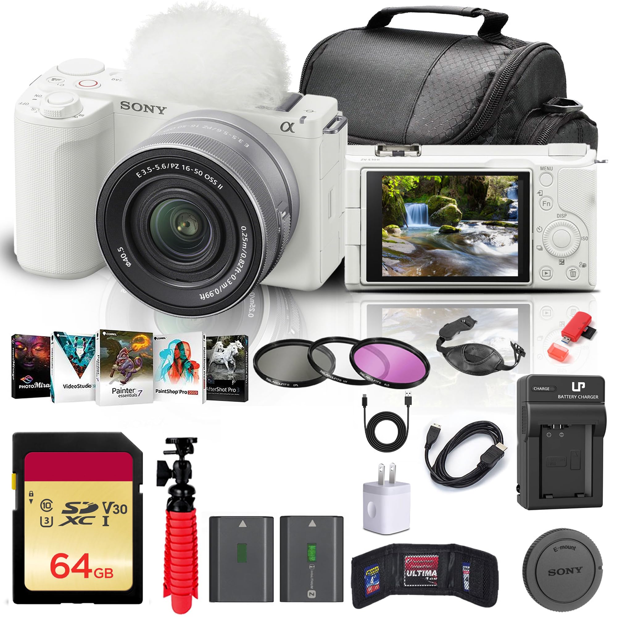 Sony Alpha ZV-E10 II Mirrorless Camera with 16-50mm Lens (White) (ZVE10M2KW) + 64GB Memory Card + Filter Kit + Photo Software + Bag + NP-FZ100 Battery