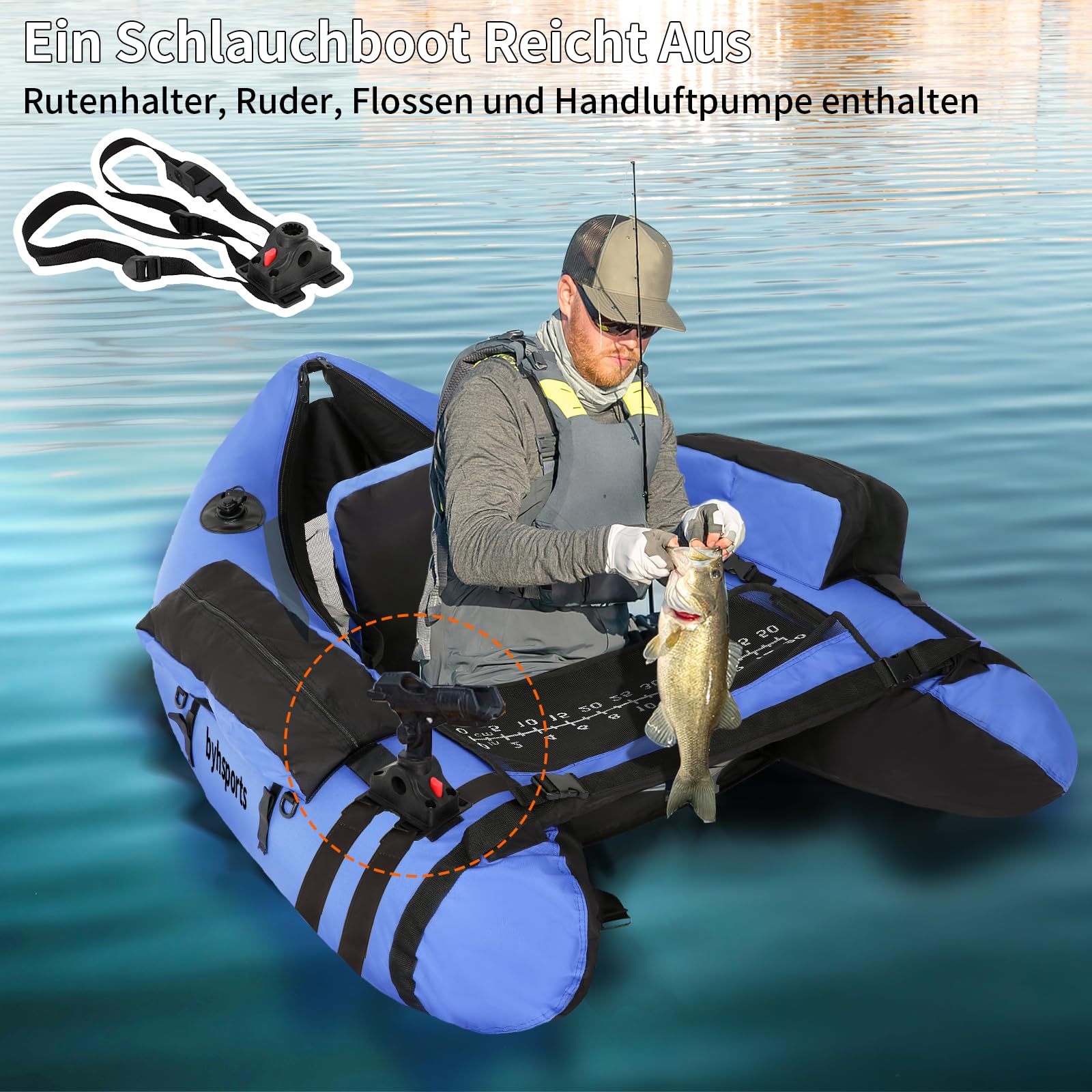 Professional Schlauchboot, Bellyboot zum Raubfischangeln, 160 kg Tragfähigkeit Angelboot -inkl. Pumpe, Verstellbare Rucksackgurte, Aufbewahrungstaschen, Fischlineal（Blau）