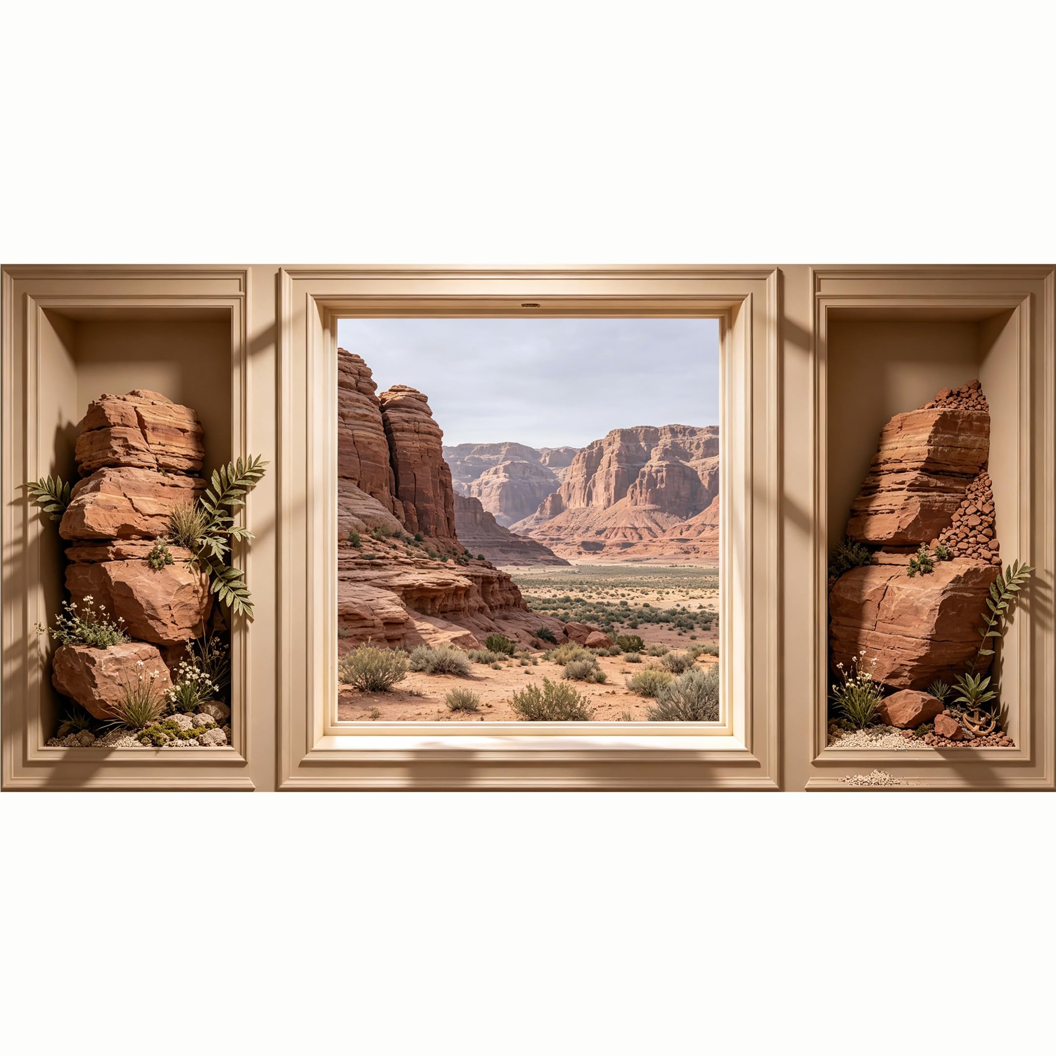 QZLITHOTIC 50x100cm 3D Framed Wall Art， Canyon Landscape Window View SelfAdhesive Mural， Water‑Activated Peel & Stick Fabric Decor Wall Decal for Bedroom Living Room