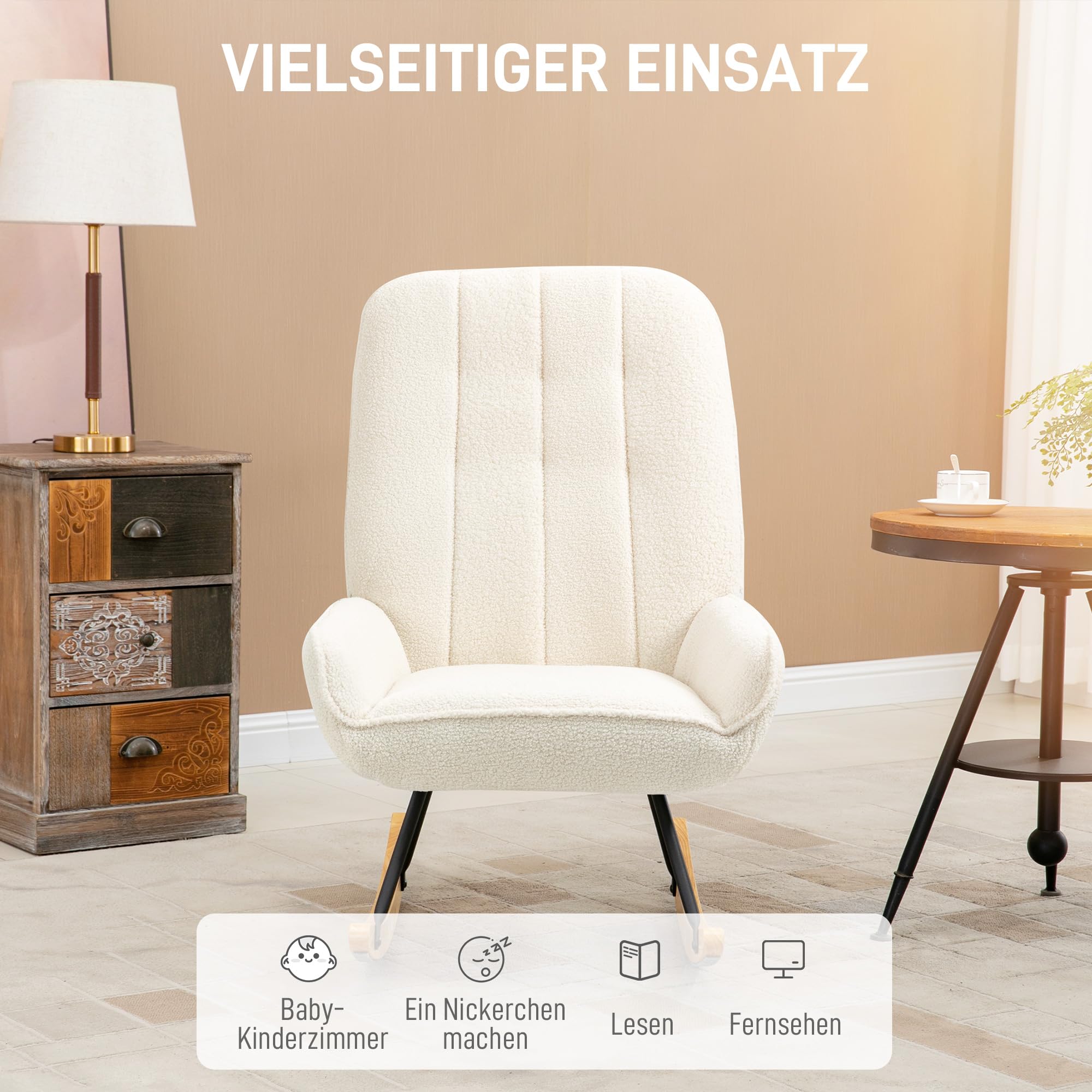 HOMCOM Schaukelstuhl Schaukelsessel mit Rückenlehne, Holzkufen, Relaxsessel, Sessel mit Sherpa-Vlies Stillsessel Schwingsessel für Wohnzimmer, Schlafzimmer, Balkon Cremeweiß