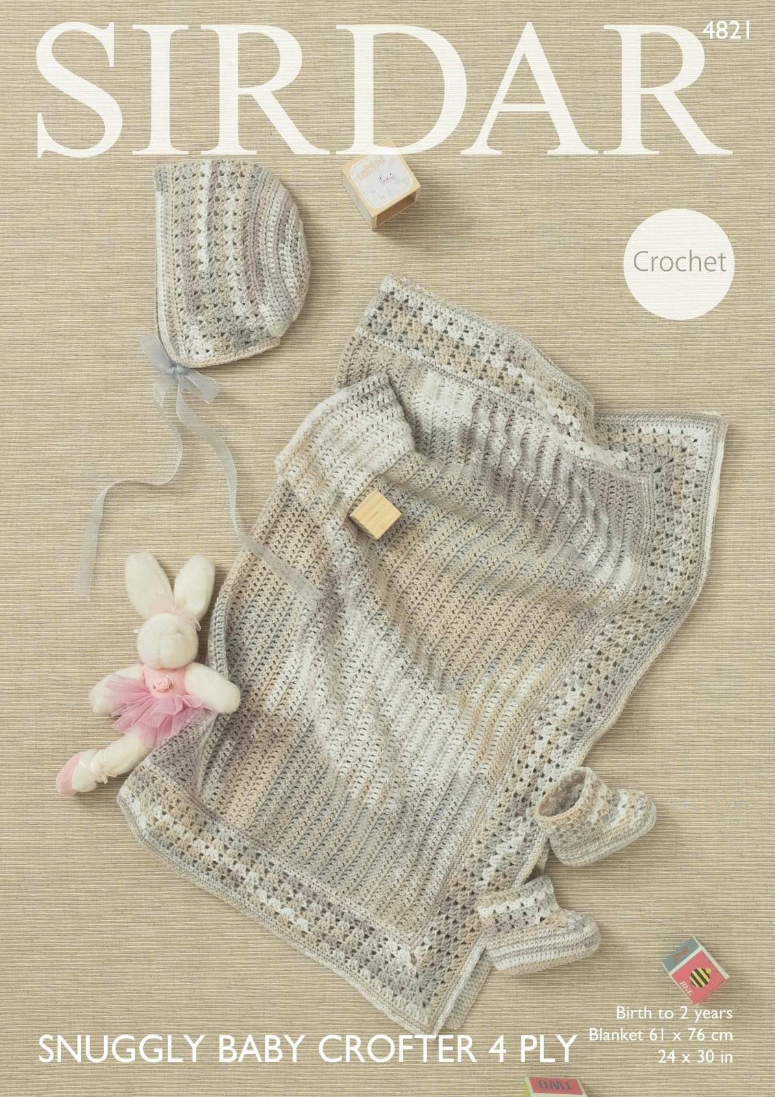 Sirdar Warm/Neutral 4821 Crochet Pattern Baby Blanket Bonnet And Bootees In Snuggly Baby Crofter 4 Ply