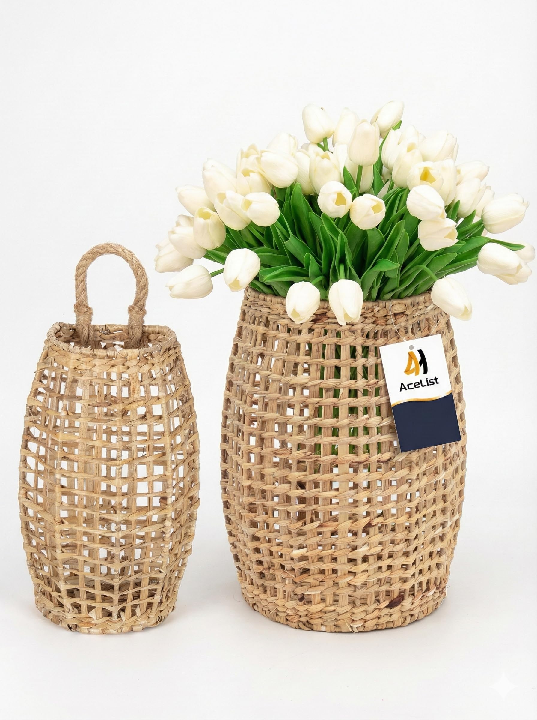 AceList Set of 2 Water Hyacinth Wall Hanging Baskets, Wall Basket Storage for Flowers & Plant, Decorative Boho Coastal for Front Door, Closet, Living