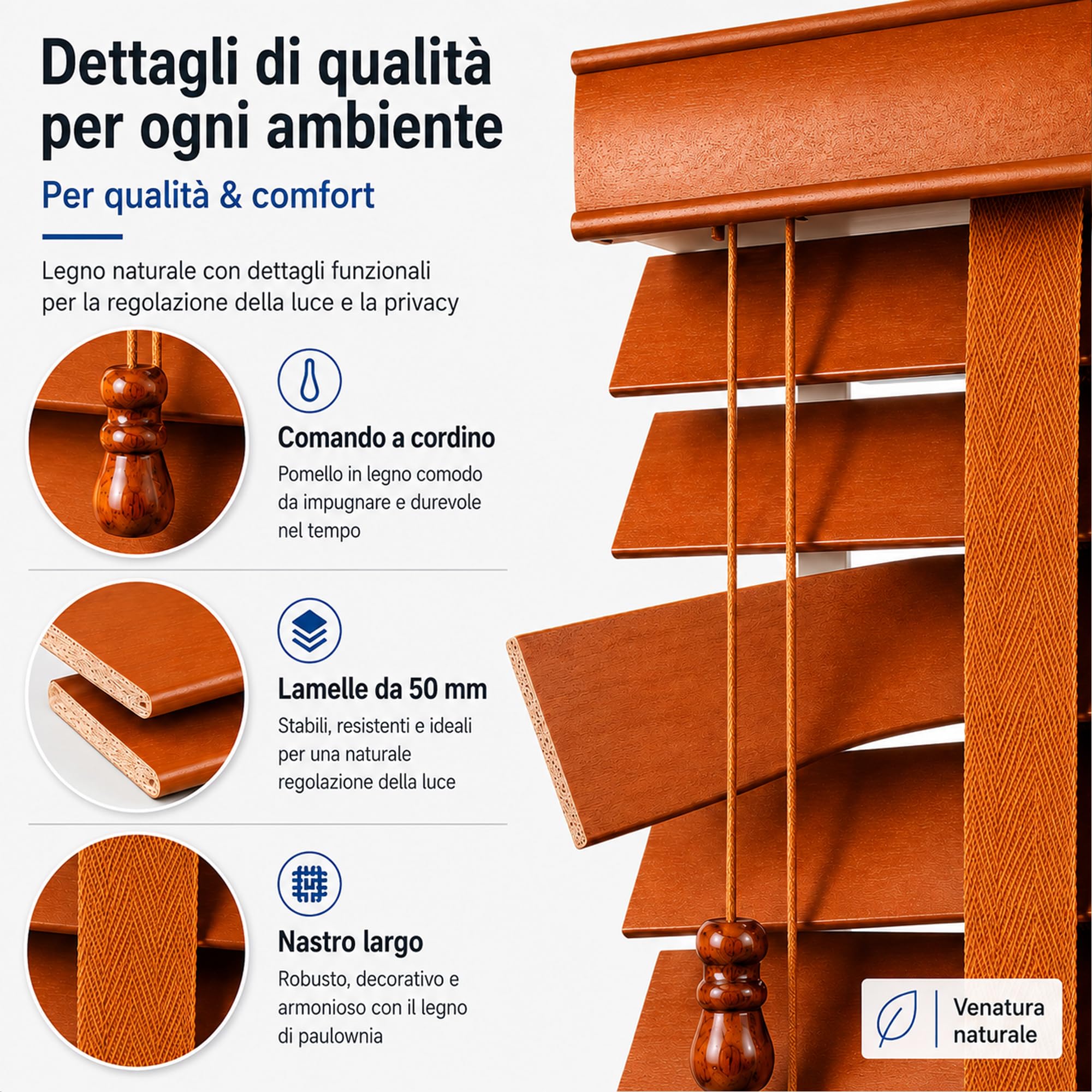 Tenda veneziana in legno su misura per finestra interna, legno di paulownia con lamelle da 50 mm, installazione con trapano, cordino, privacy e regolazione della luce M50115