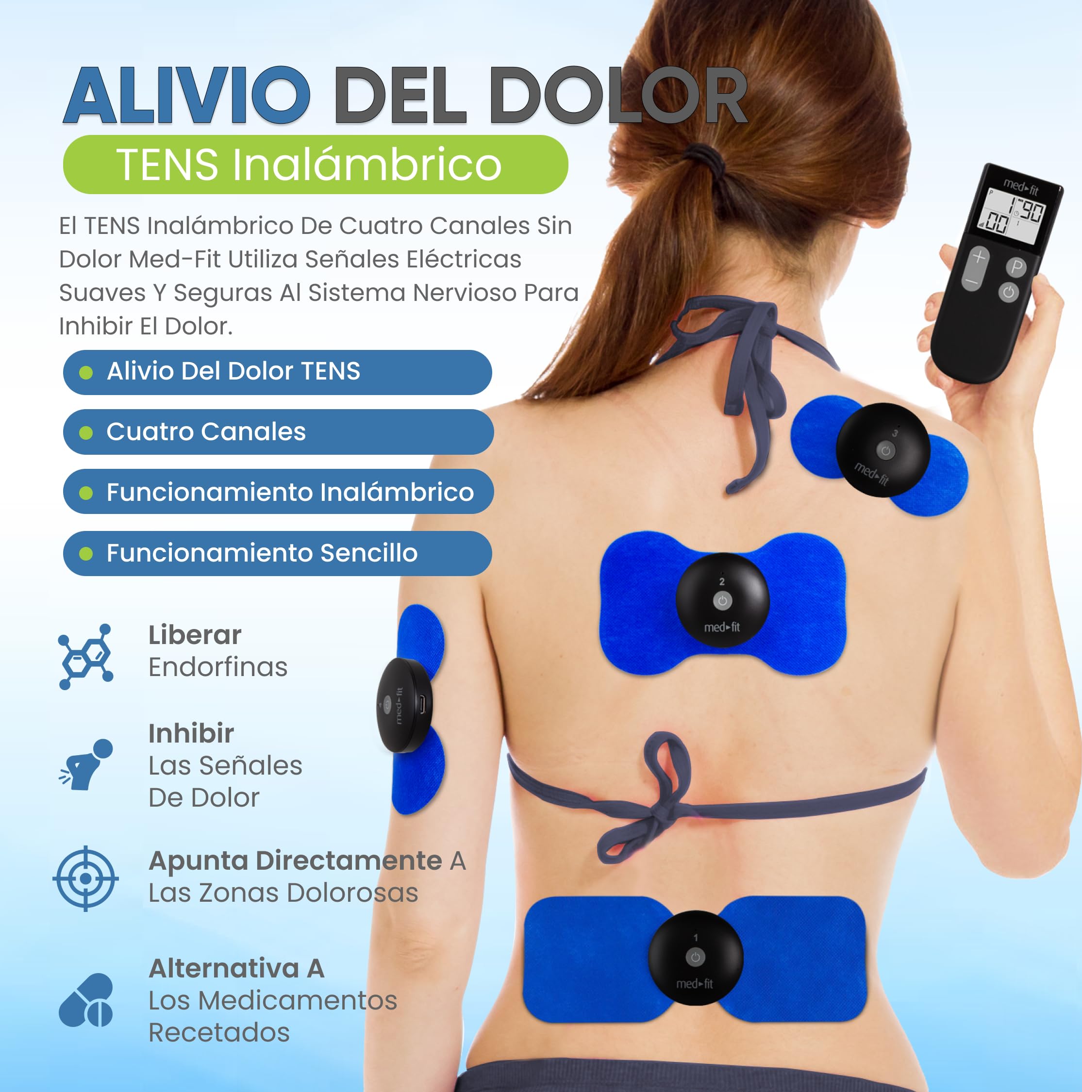 MED-FIT Máquina TENS inalámbrica de 4 canales para alivio del dolor, relajación muscular y manejo del dolor - Trata hasta 4 áreas simultáneamente para tratamiento de cuerpo completo - Fuerza