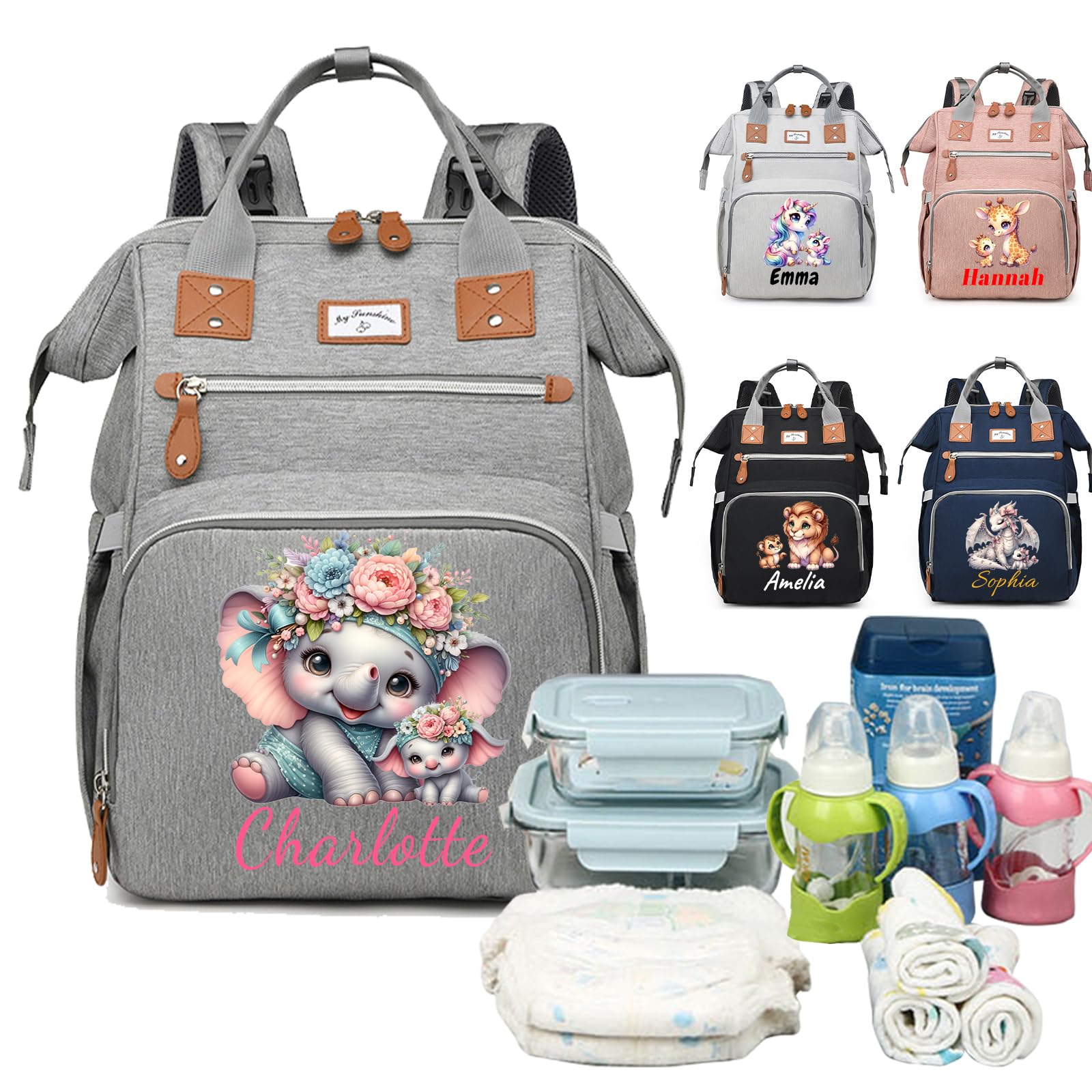 Sac à Langer Personnalisé avec Animaux et Prénom | Sac à Dos pour Bébé Garçon et Fille | Cadeau pour Nouveaux Parents, Baptême, 1er Jour des Mères