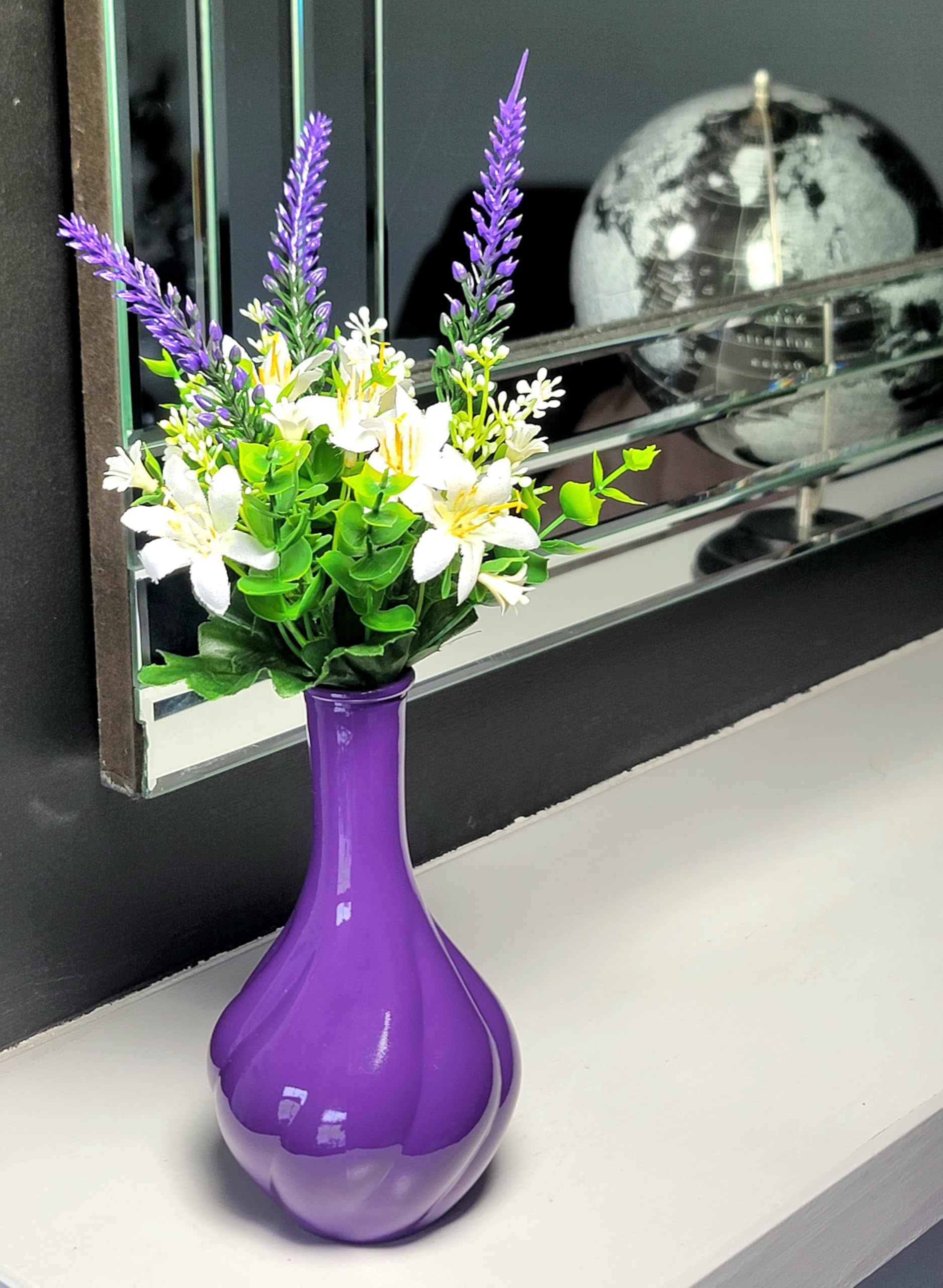 Purple Artificial Flowers with Glass Vase, Unusual Gift Item for Christmas Ornament for Home Decor, 17cm Pair - Image 3