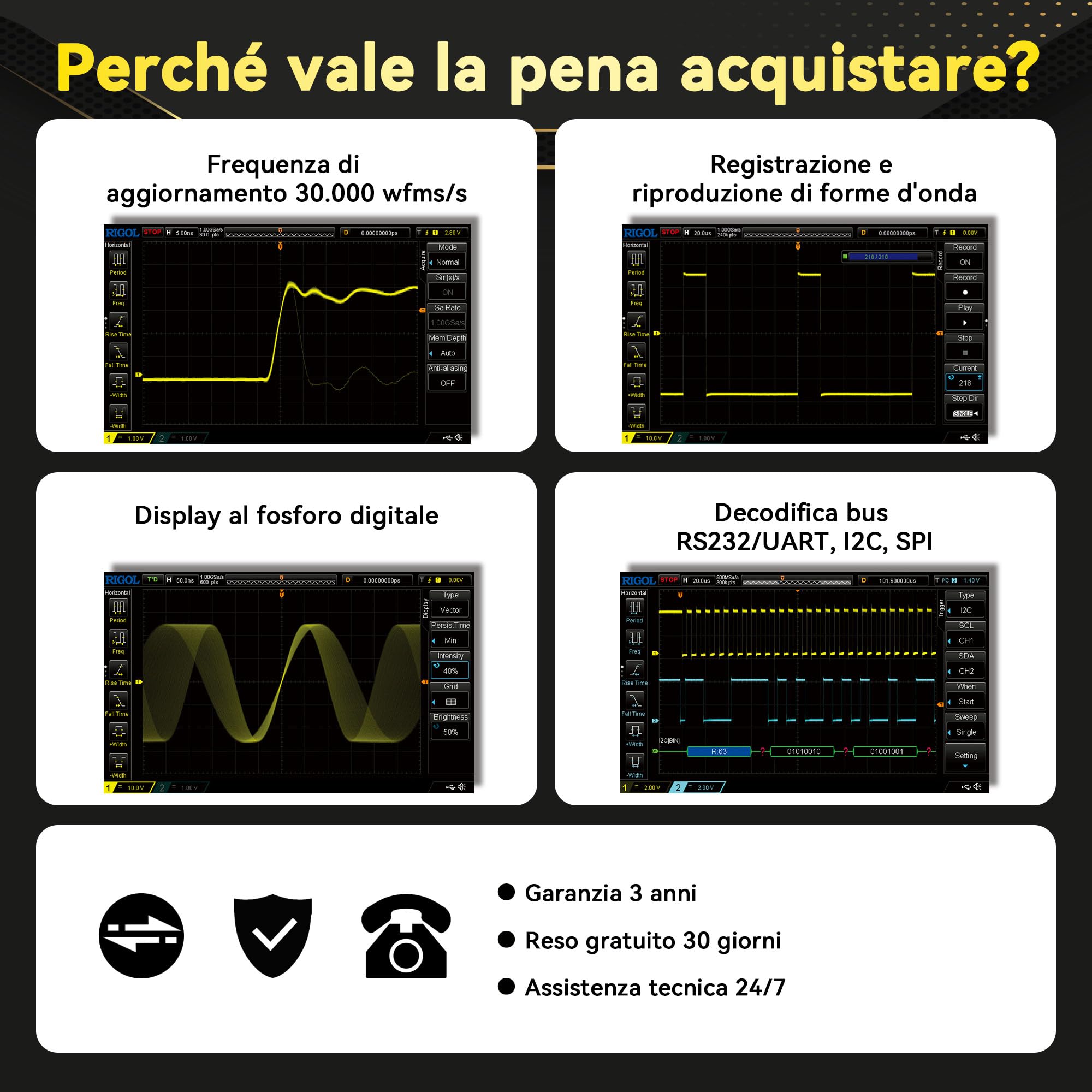 RIGOL Oscilloscopio,DS1202Z-E Oscilloscopio Digitale,200 MHz,2 canali+EXT, schermo fosforo HD 7",Alto rapporto qualità-prezzo,ideale per R&D,manutenzione e didattica in laboratorio