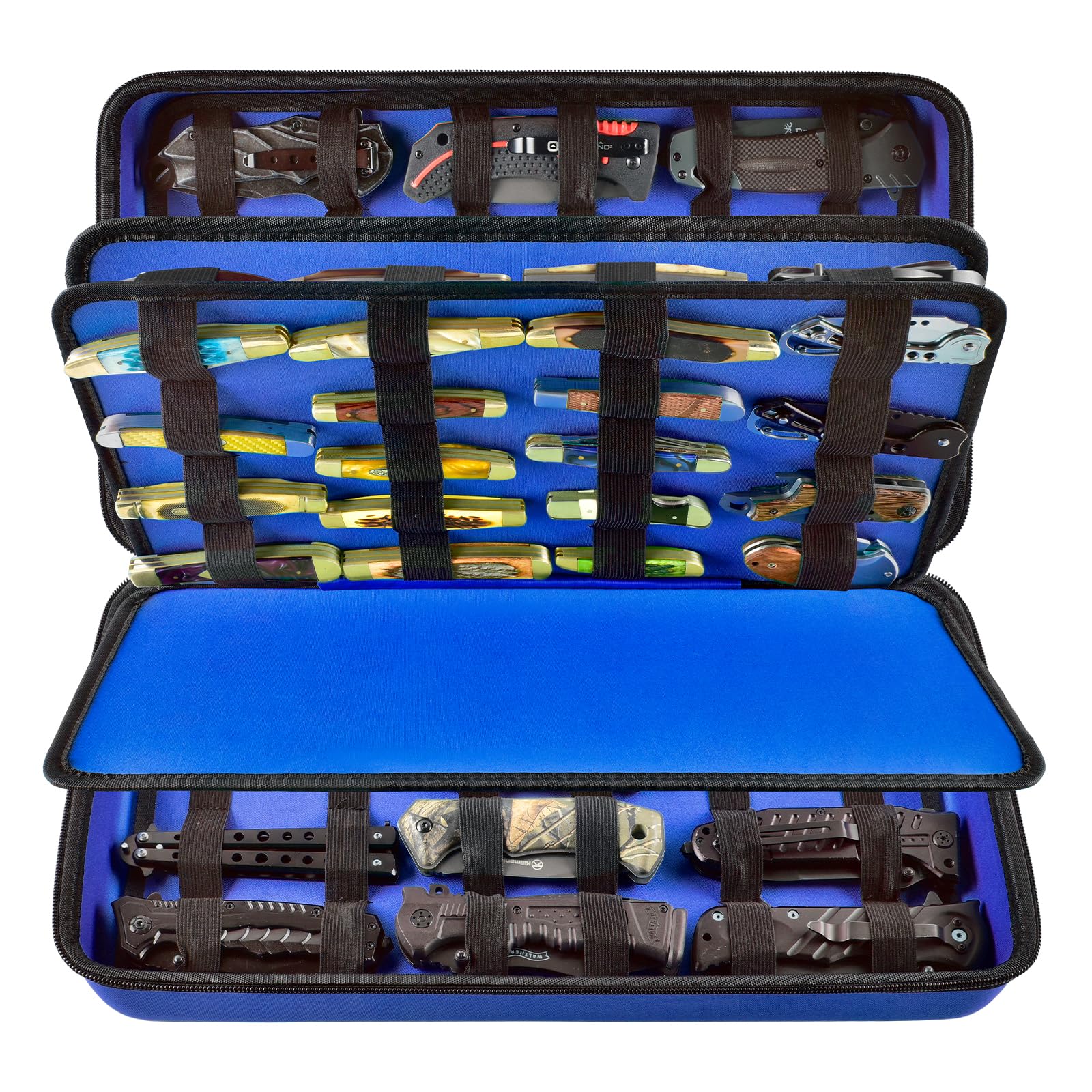 GWCASE Display Case for 66+ Pocket Knives. Folding Holder, Butterfly Storage Organizer, Roll Collection Pouch Carrier Bag for Survival Tactical Outdoor for EDC Mini Knife -Blue