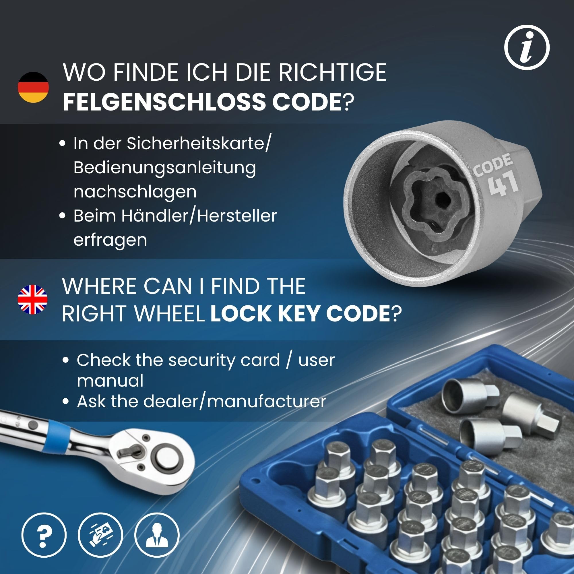 SW-Stahl 02384L Felgenschloss Demontage Set - 20-teilig für BMW Adapter | Ersatzschlüssel Satz zum Lösen von Radsicherungen, 1/2 Zoll Antrieb, 20 Adapter Größen 41-60 für Reifenmontage