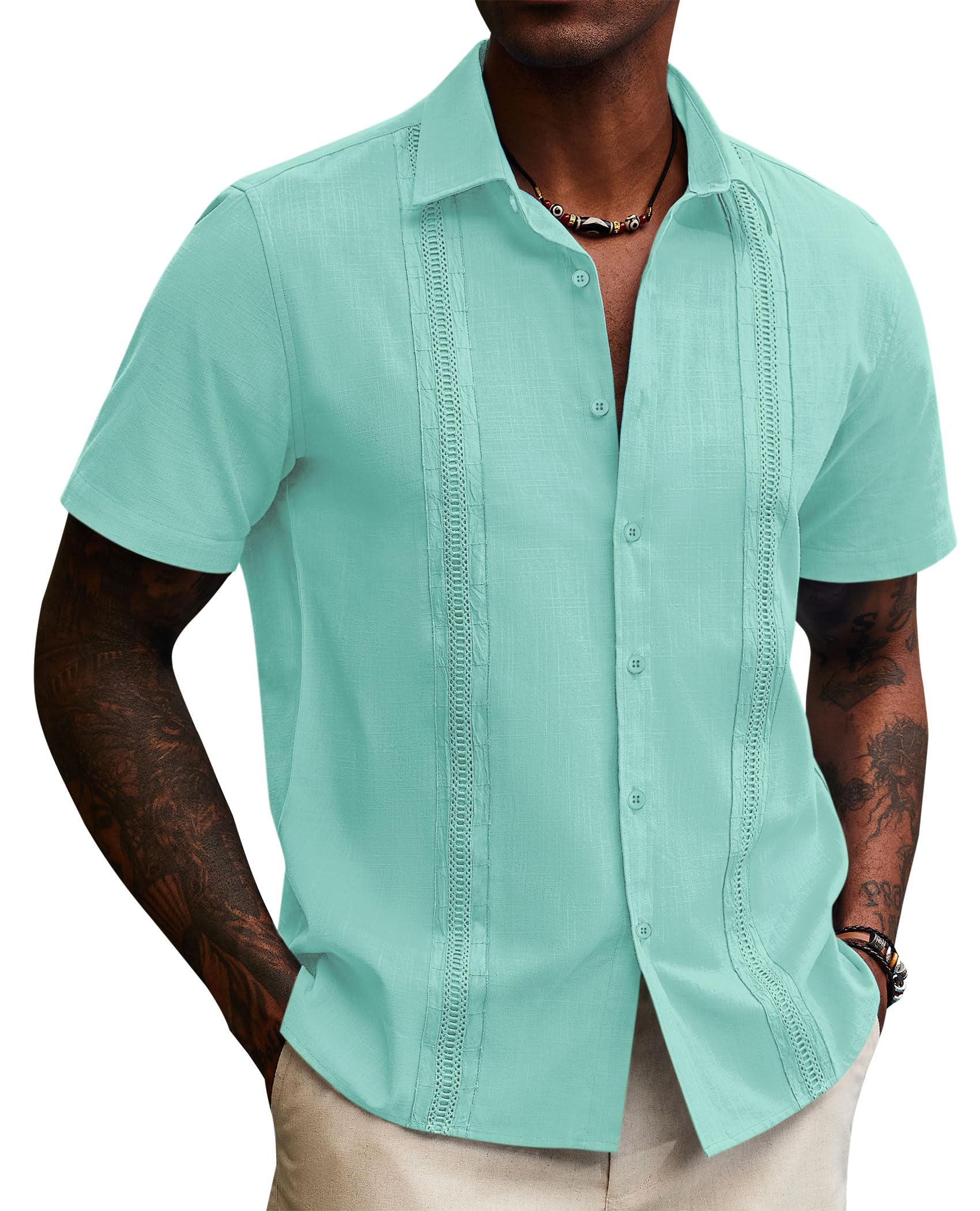 Lion Nardo Guayabera Linen Shirts for Men Short Sleeve Button Down Shirt Hawaiian Shirt Cuban Summer Shirts Beach Shirts