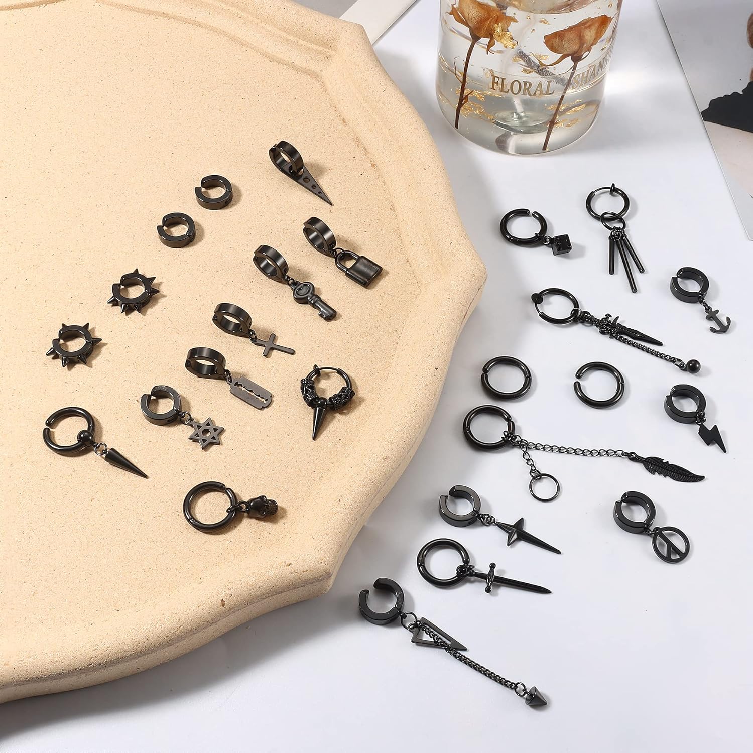 Thunaraz 25 Pcs Clip on Earrings for Men Stainless Steel Cross Chain Dangle Earrings Black Fake Earrings for Men Women Non Pierced Huggie Hoop Earrings Set - Image 5