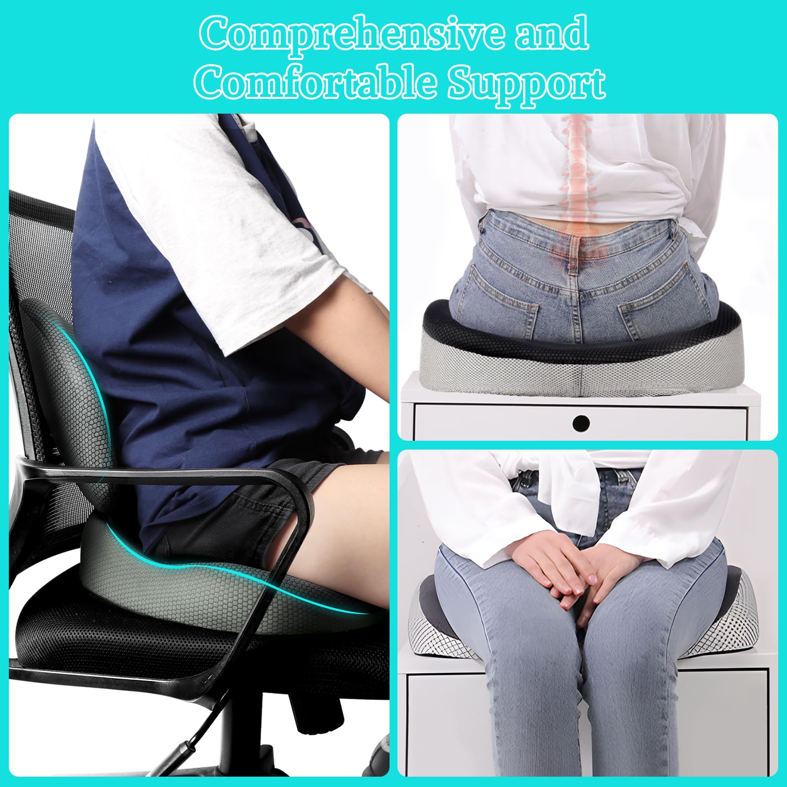 Suewidfay 2 en 1 Cojín de Asiento y Conjunto de cojín de Soporte Lumbar, Cojín de Asiento de Coche de Espuma de Memoria ergonómica, para Silla de Oficina, Coche, Silla de Ruedas, sillas de Juegos