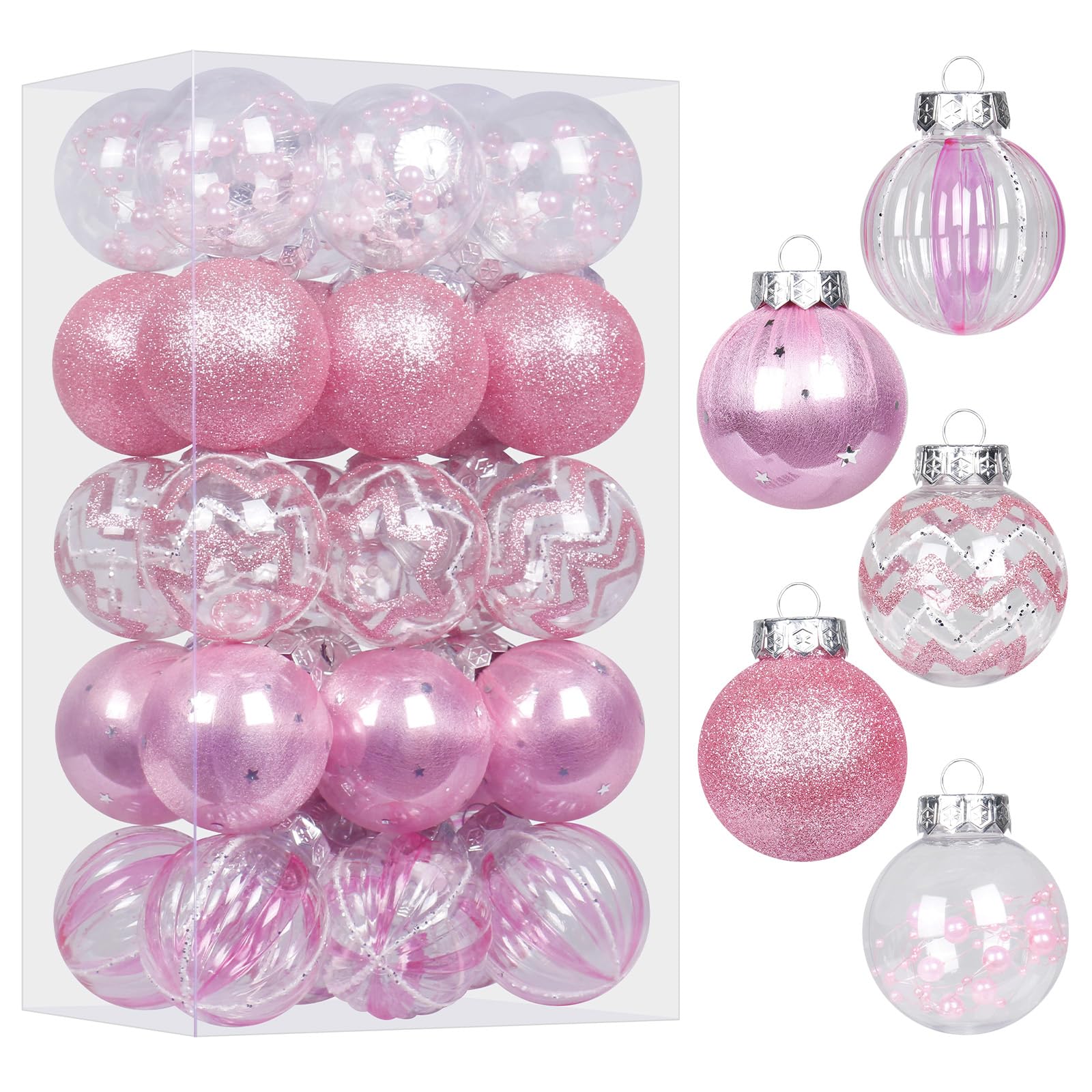 SY Super Bang 30PCS Pink Christmas Ornaments Set, 60MM/2.36" Clear Plastic Shatterproof Ball Ornaments for Christmas Tree Hanging Decorations, for Home Holiday Party Xmas Decor.