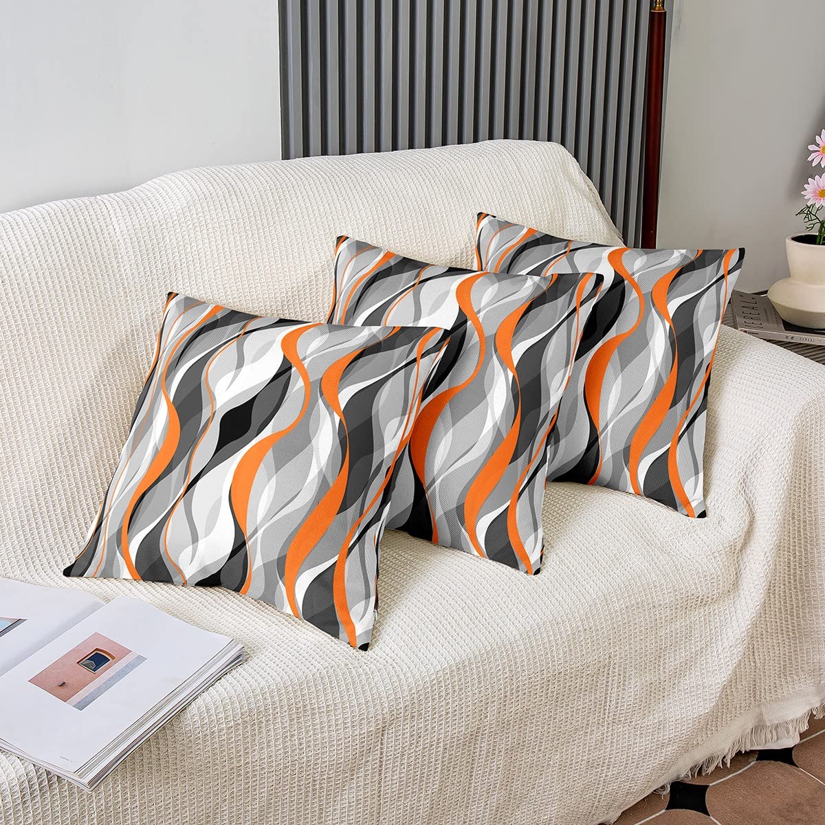 Loussiesd Orange Grey Black Stripes Reversible Throw Pillow Covers Kids Geometric Pillow Covers Home Decor for Square Cushion Covers Set of 2 Modern Striped Art Abstract Art 24x24 Inch - Image 4