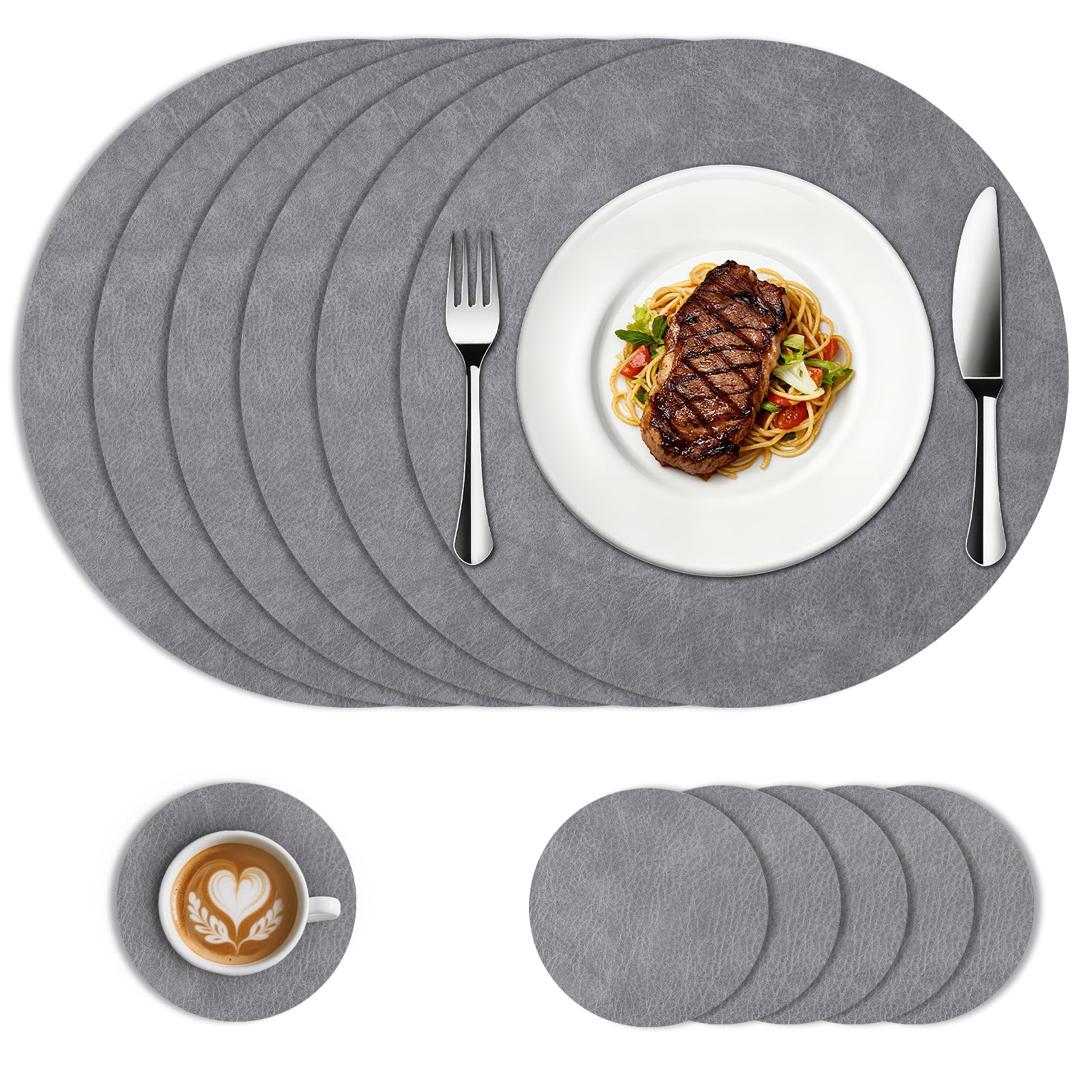 Round Placemats and Coasters Set of 6, 33cm Faux Leather Waterproof Stain and Heat Resistant Table Mats for Dining Kitchen Home Use(Grey)