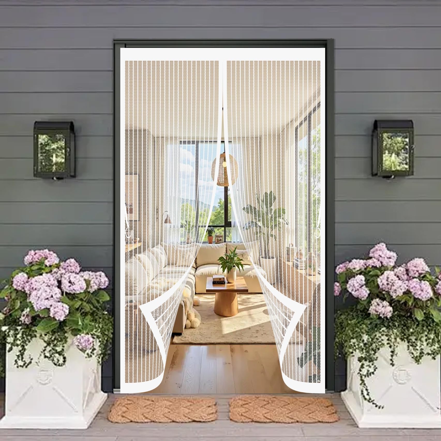 Door Fly Screen Curtain 185 x 145 cm Automatically Close, No Gap, Easy to Install Without Drilling, Keep Bugs Out Lets Fresh Air in Magnetic Door Screen for Patio Doors Bedroom, White