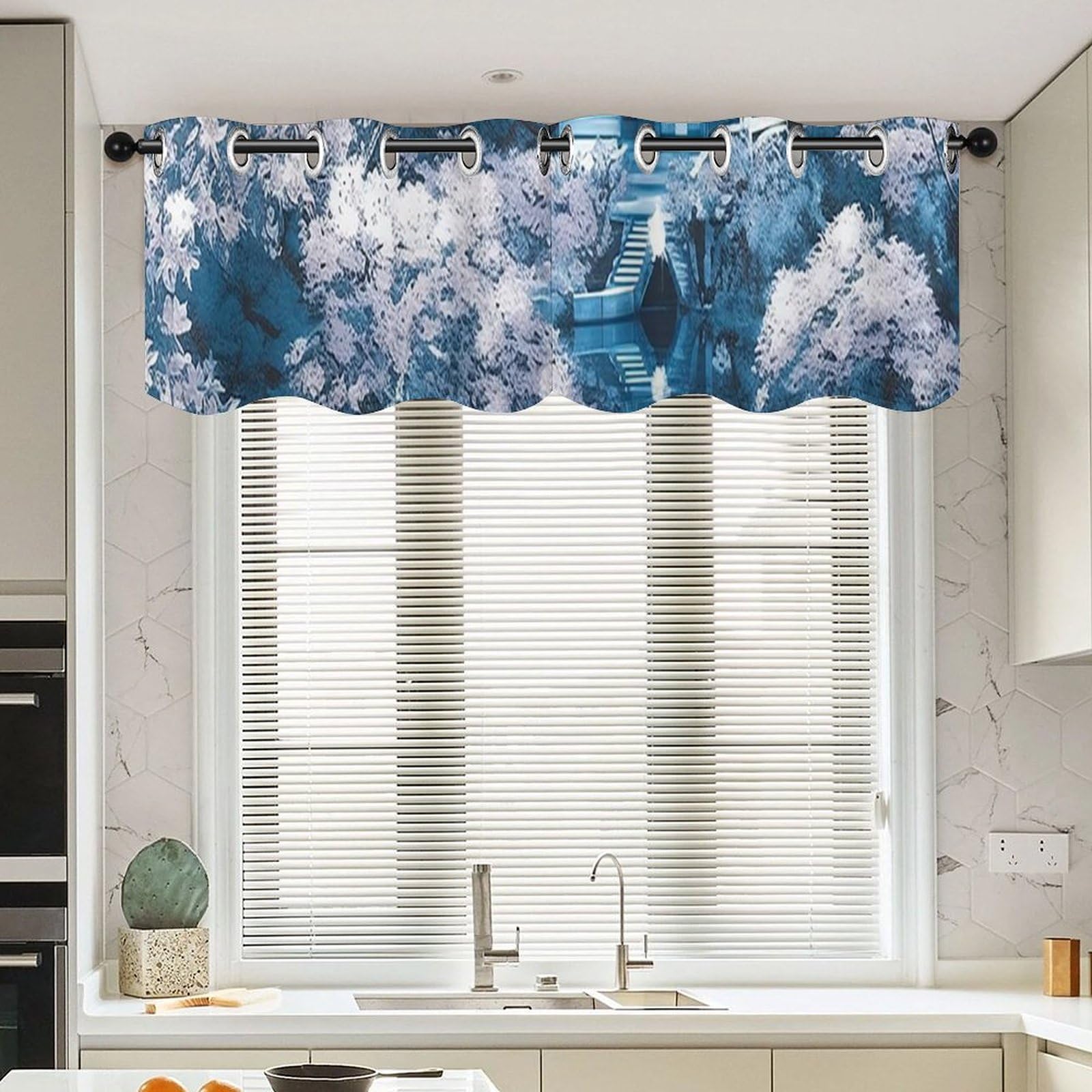 Cantonnières chinoiserie bleues 132x45,7 cm | Lot de 2 rideaux traditionnels