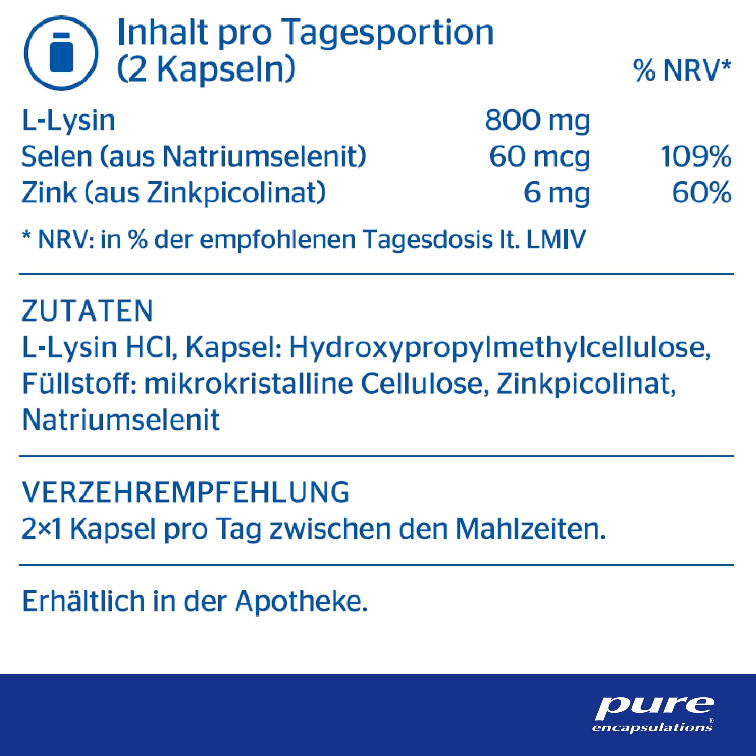 Pure Encapsulations - L-Lysin plus - Essenzielle Aminosäure mit Selen und Zink - Zum Immunsystem stärken und für Zellschutz - 90 Kapseln