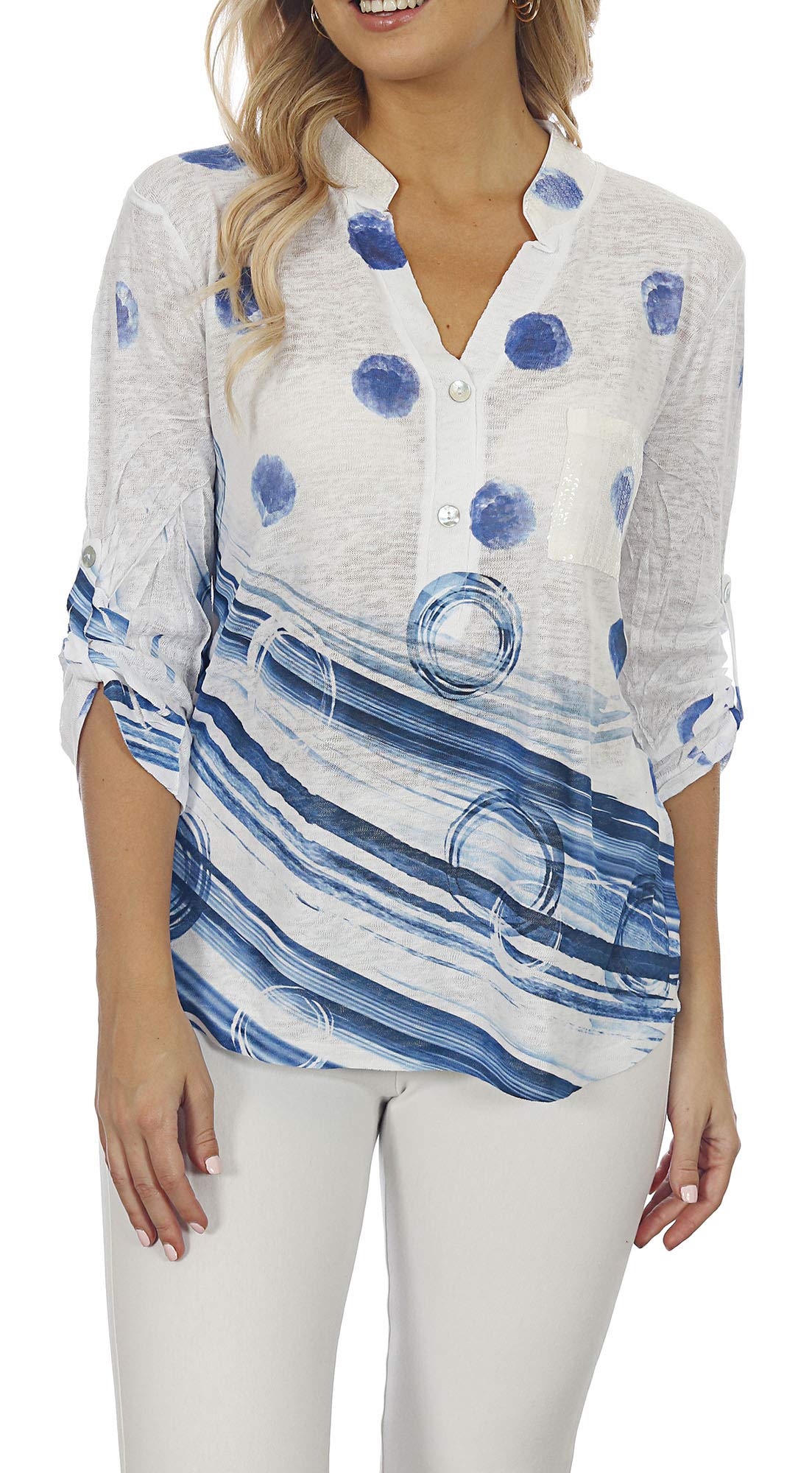 Women's Blue Spotted Mandarin Collar Top