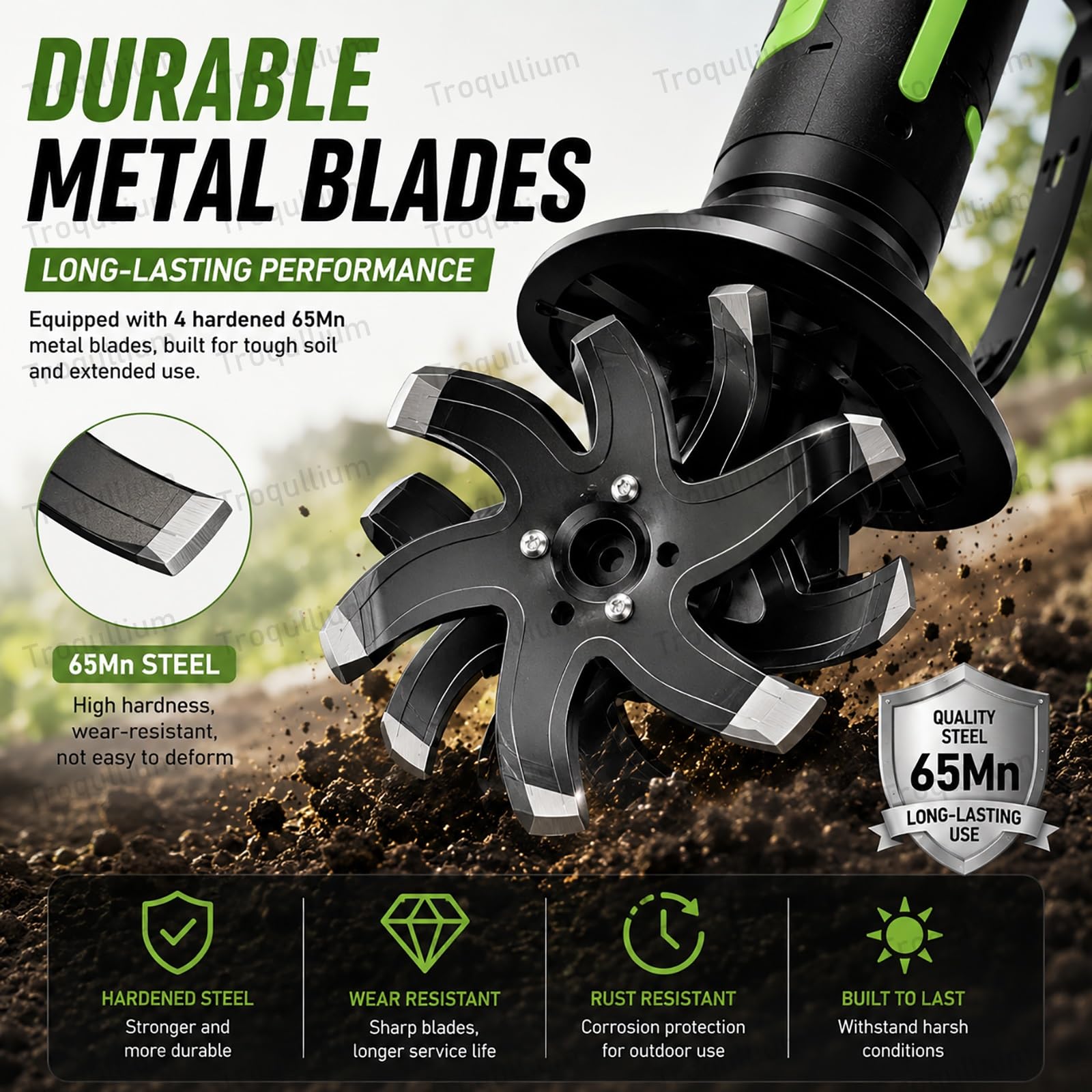 Motobineuse électrique 21V, avec 2batteries 1,5Ah, 4lames métalliques, Largeur de Travail 10cm, Profondeur de Travail 10cm, Vitesse 235tr/min