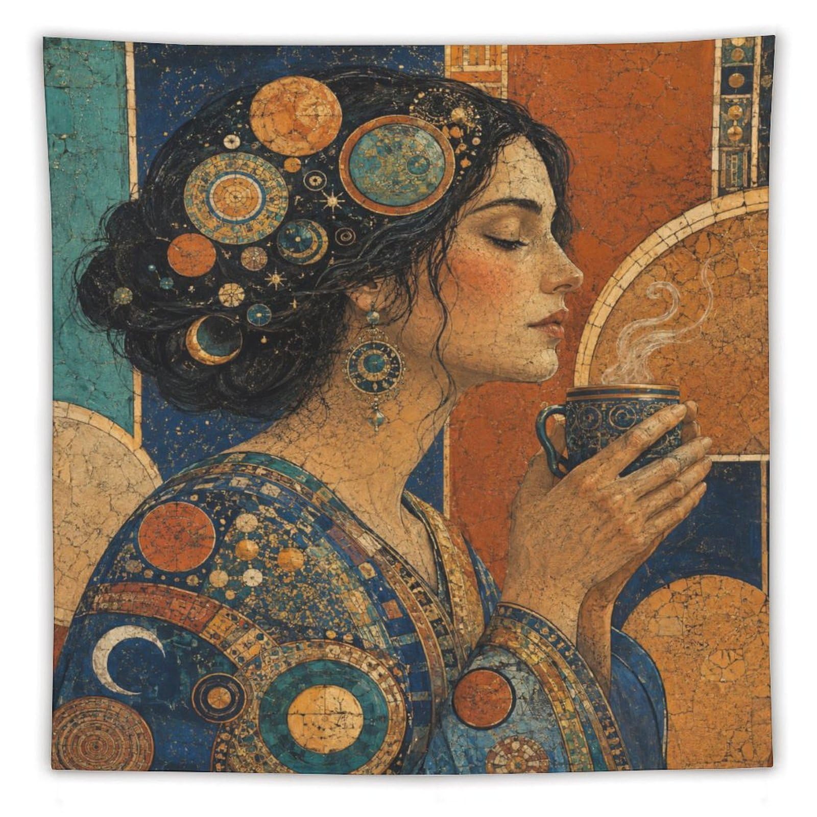 H3B8U2Y5 Elegant Woman with Teacup Wall Tapestry, Mosaic, Golden Mosaic