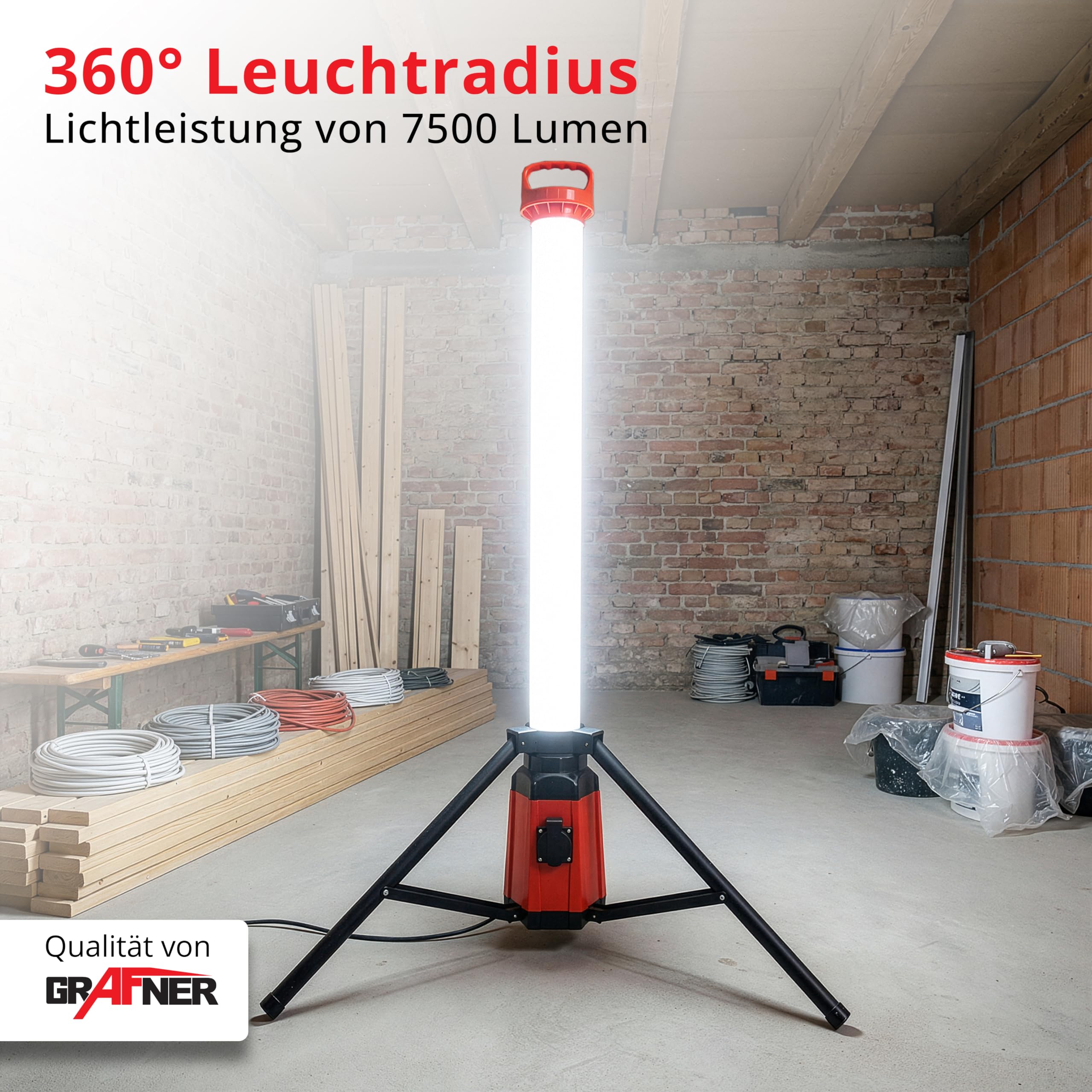 Grafner Profi LED Tower Baustrahler mit Steckdose und Stativ, 360° 7500 Lumen, 100 Watt, Höhe: 150 cm, IP44, 6500K Tageslichtweiß, Arbeitsleuchte Baustellenstrahler 360 Grad rundum Arbeitslampe Turm
