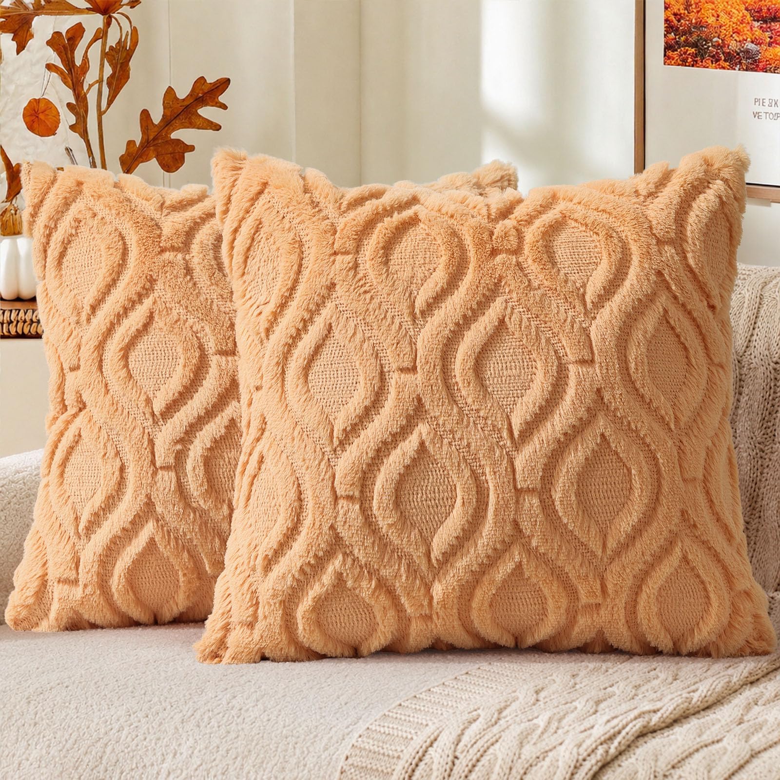 decorUhome Faux Fur Plush Light Orange Throw Pillow Covers 16x16 Set of 2