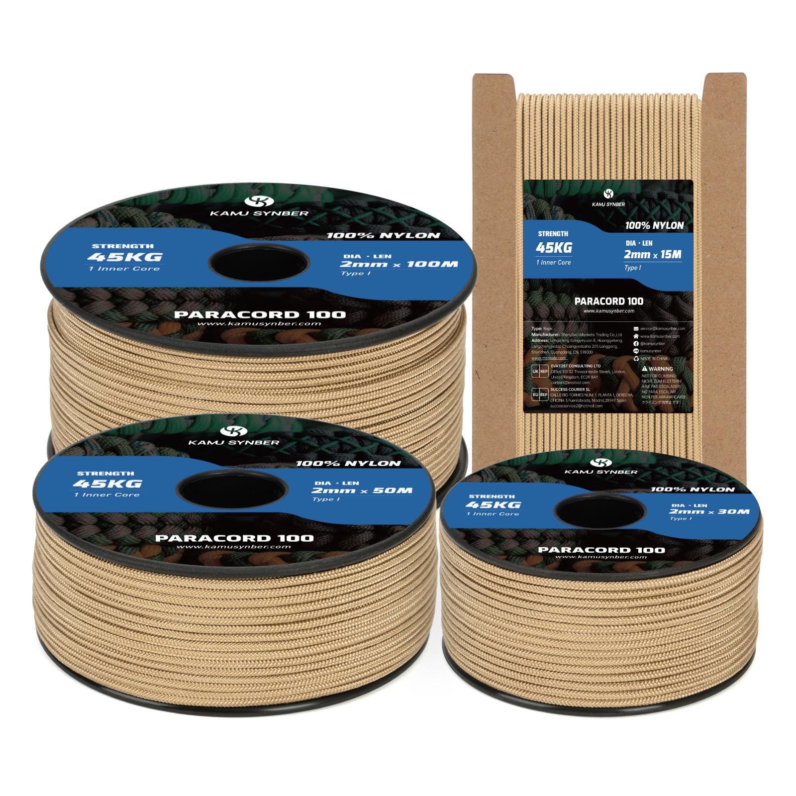 Kamu Synber 2mm Paracord 30M 100% Nylon Rope 1 Strand Type I Parachute Cord for Crafting, Outdoor, DIY, Camping | Support 45kg | Tan