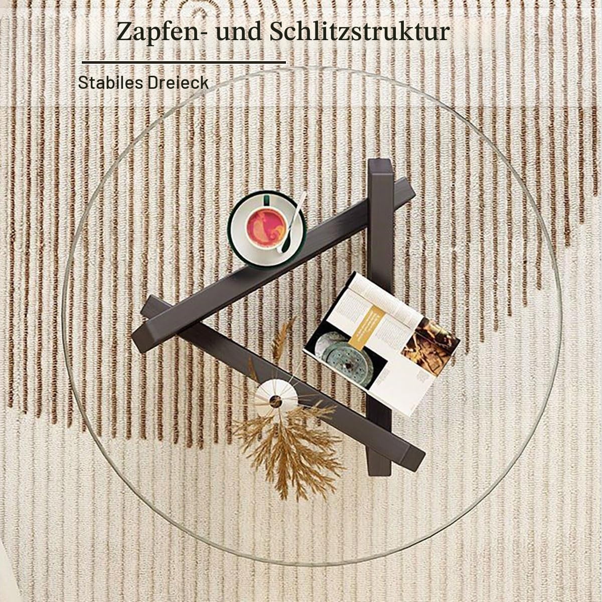 Runde Couchtische Aus Glas, Kleiner Couchtisch Für Wohnzimmer, Rustikaler Kaffeetisch Für Landhausstil, Massivholzsockel, Einsteck- Und Zapfenstruktur, 70x70x31cm, Schwarz