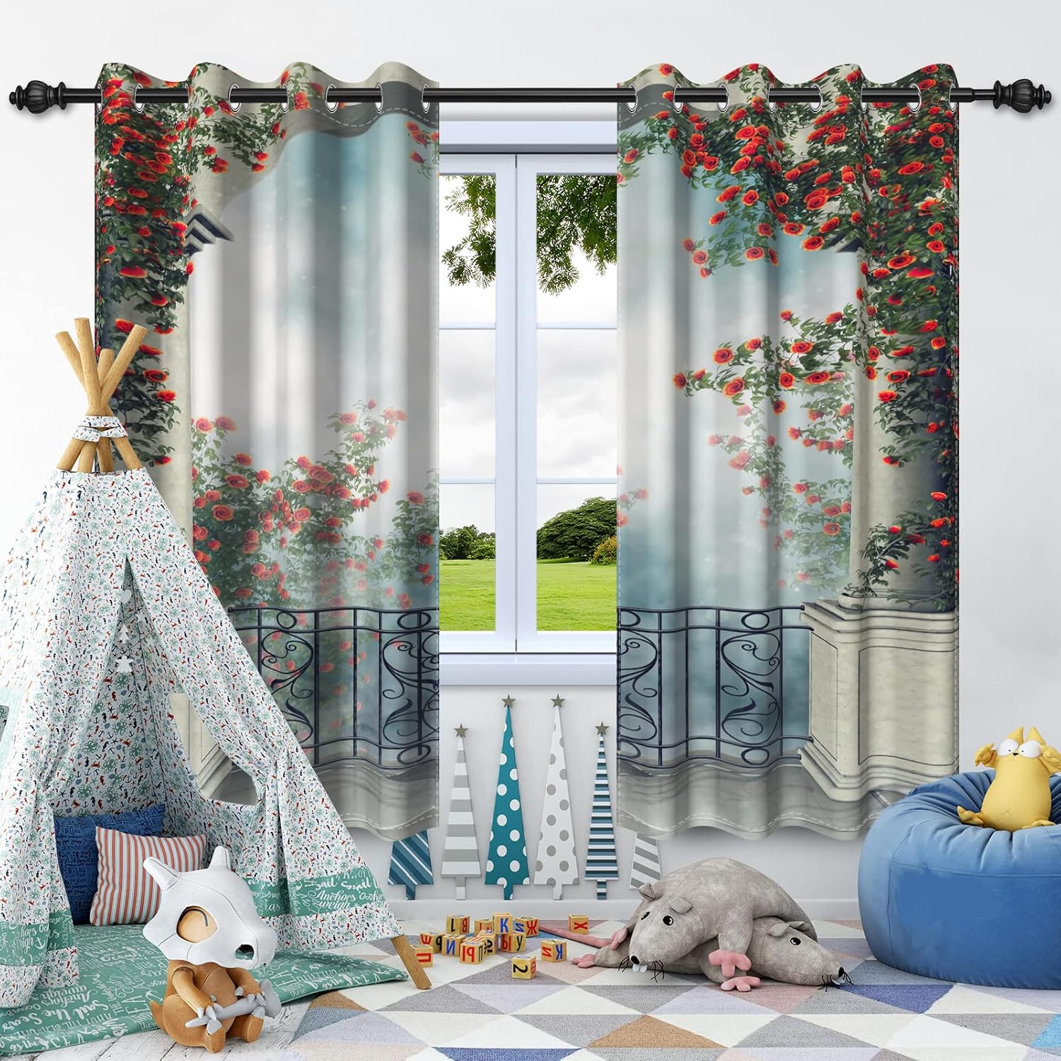 Vintage Castle Blackout Curtains Fairy Tale Garden Terrace Red Flower Green Leaves Window Curtain Grommet Top for Living Room Bedroom Decor Window Drapes 2 Panel Set, 21x45 Inch