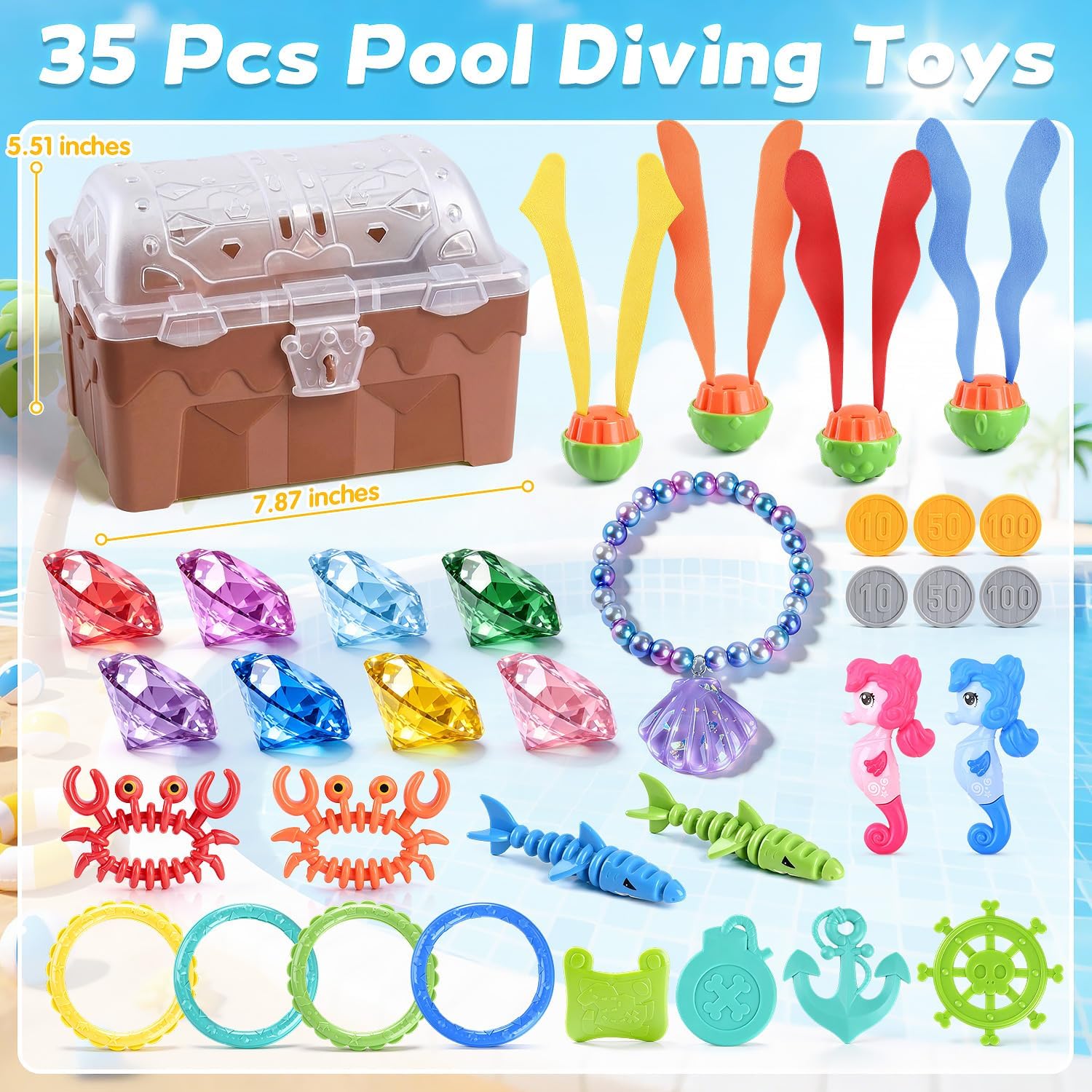 WeeHomm Diving Gems Pool Toys - Dive Toys for Kids with 8 Big Gems, Torpedo Shark, Dive Rings, Pirate Treasure Chest Gemstone Swim Training Gift for Boys Girls Ages 6+, 34 Pack, Brown