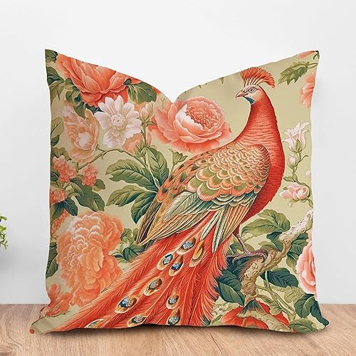 ArogGeld Funda de almohada para sofá, diseño de flores chinoiserie, color rosa rubor, pájaro, pavo real, animal, jardín asiático, floral, cojín