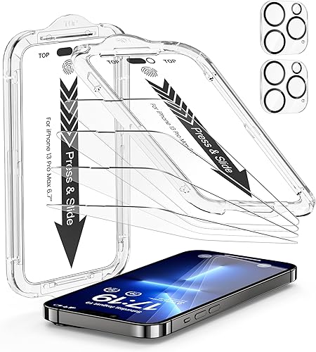 Paquete de 4 protectores de pantalla para iPhone 13 Pro Max 6.7 pulgadas con 2 protectores de lente de cámara, protección contra caídas película de