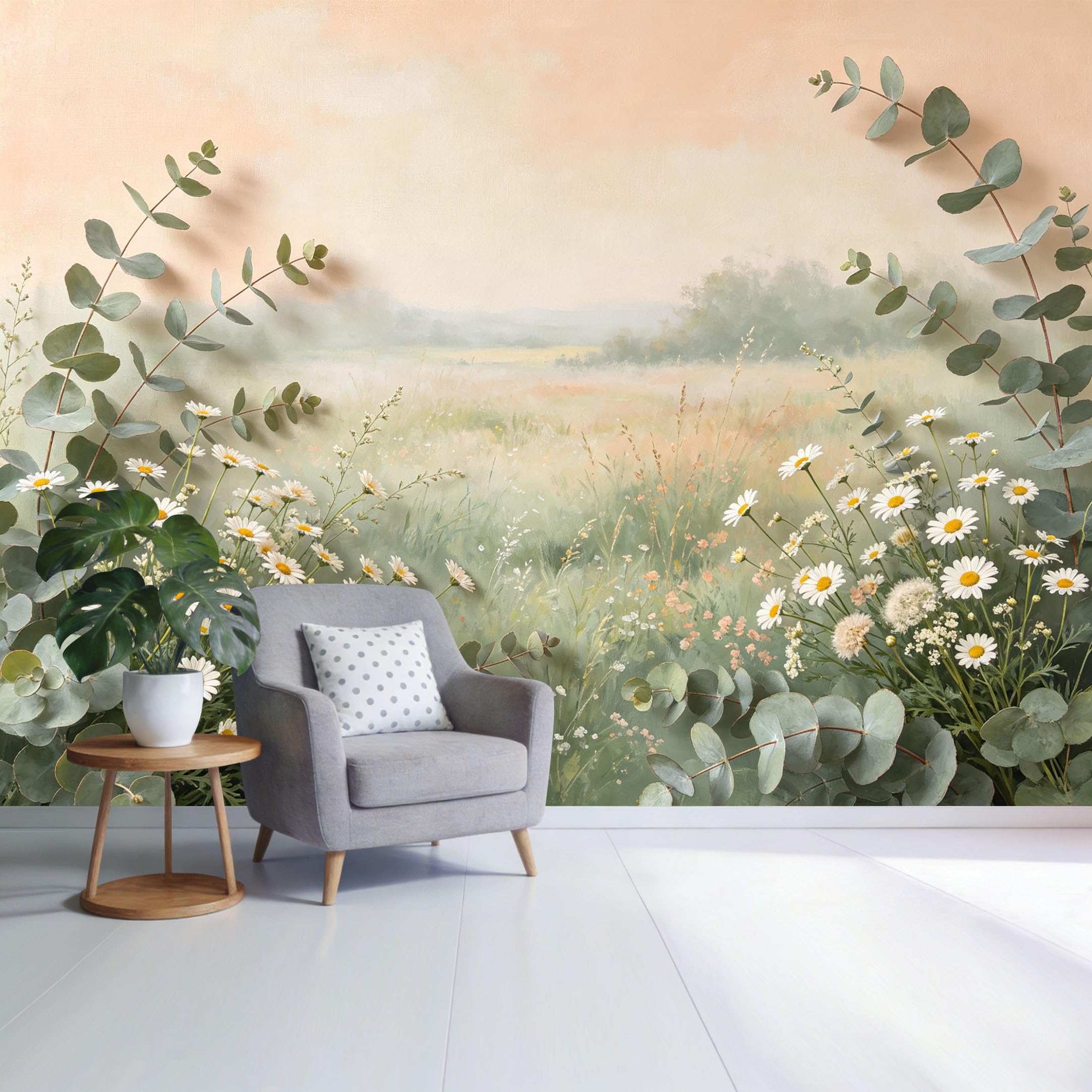 Custom Size Wall Mural Botanical Daisy Meadow Eucalyptus Pastel Landscape Watercolor Style SelfAdhesive Wall Fabric Removable Wallpaper for Home Office Decor