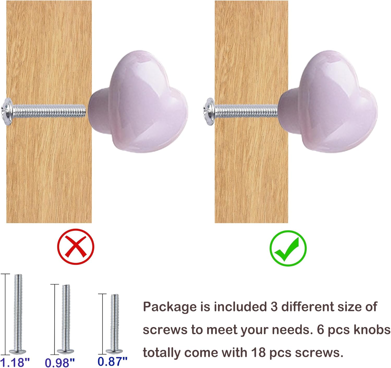 Ceramic Drawer Knobs Heart Shape Cabinet Dresser Pulls Handles with 3 Sized Screws, Kitchen Furniture Knobs for Closet Cupboard Wardrobe (6 Pack, Purple)