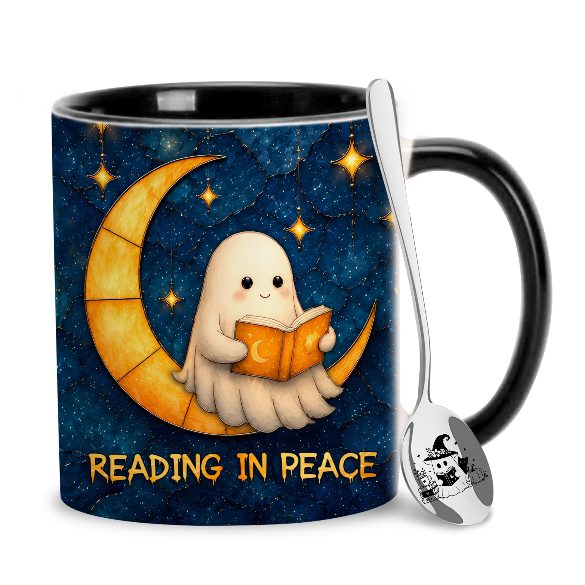 Hyturtle Cute Ghost Reading Mug with Spoon Gift for Book Lover on Halloween | Spooky Ghos…