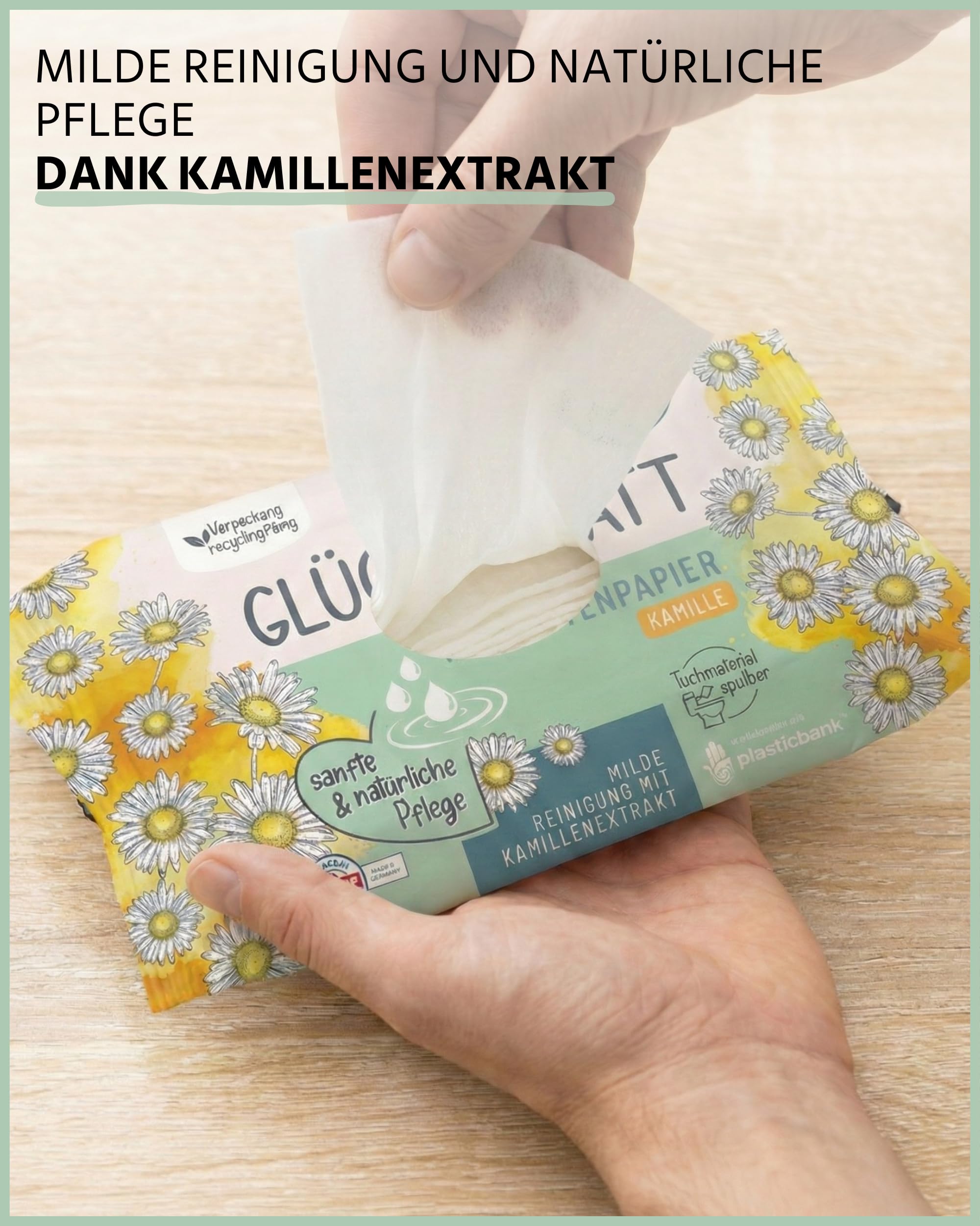Glücksblatt feuchtes Toilettenpapier Kamille | 12x42 Tücher | Vorratspack | natürliche Pflege mit Kamillenextrakt | dermatologisch getestet | milde Reinigung | sanfte Pflege | spülbare Feuchttücher